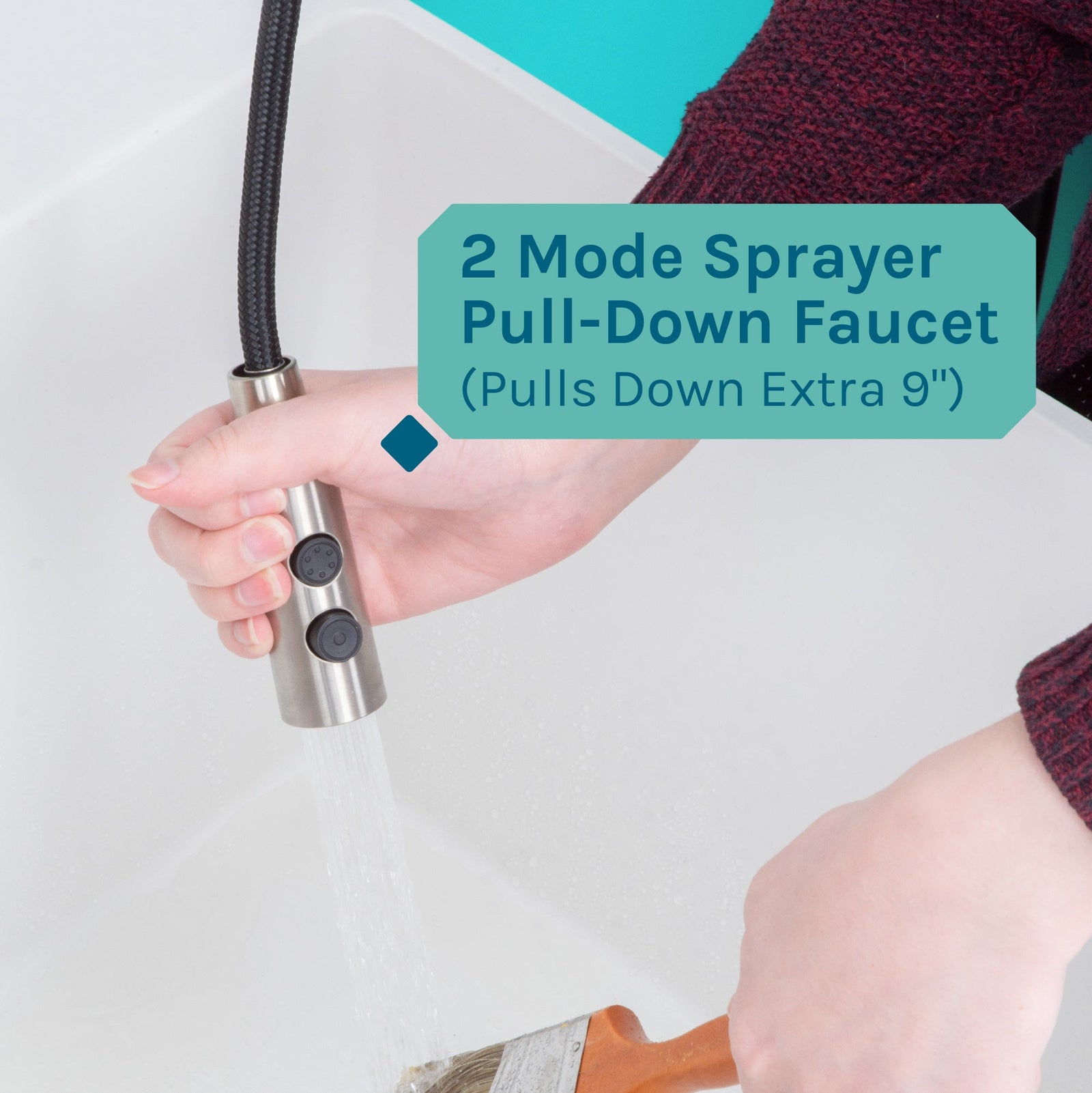 Tehila Standard Freestanding White Utility Sink with Stainless Steel Finish High-Arc Coil Pull-Down Faucet