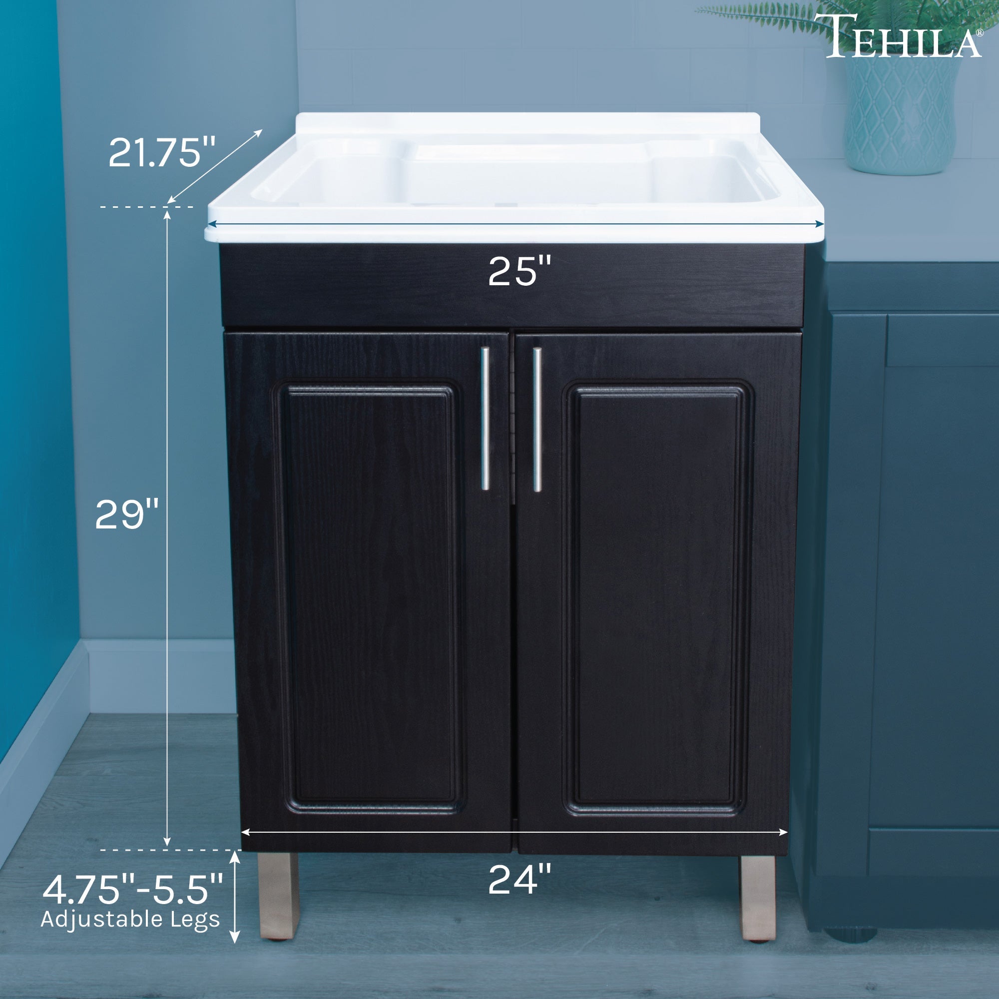 Tehila Black Vanity Cabinet and White Utility Sink, No Supply Lines, No Strainer Basket