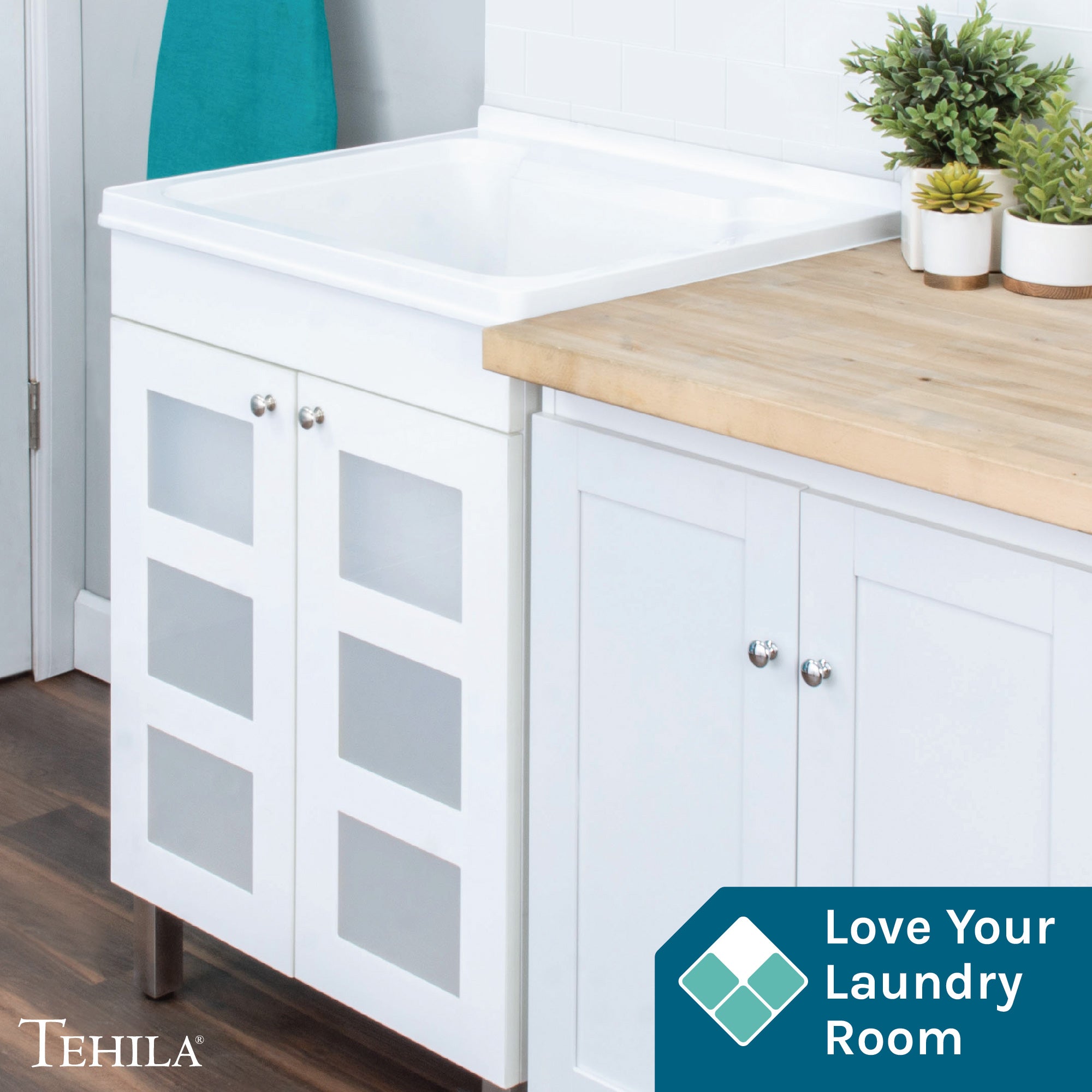 Tehila White Vanity Cabinet and White Utility Sink, No Supply Lines, No Strainer Basket