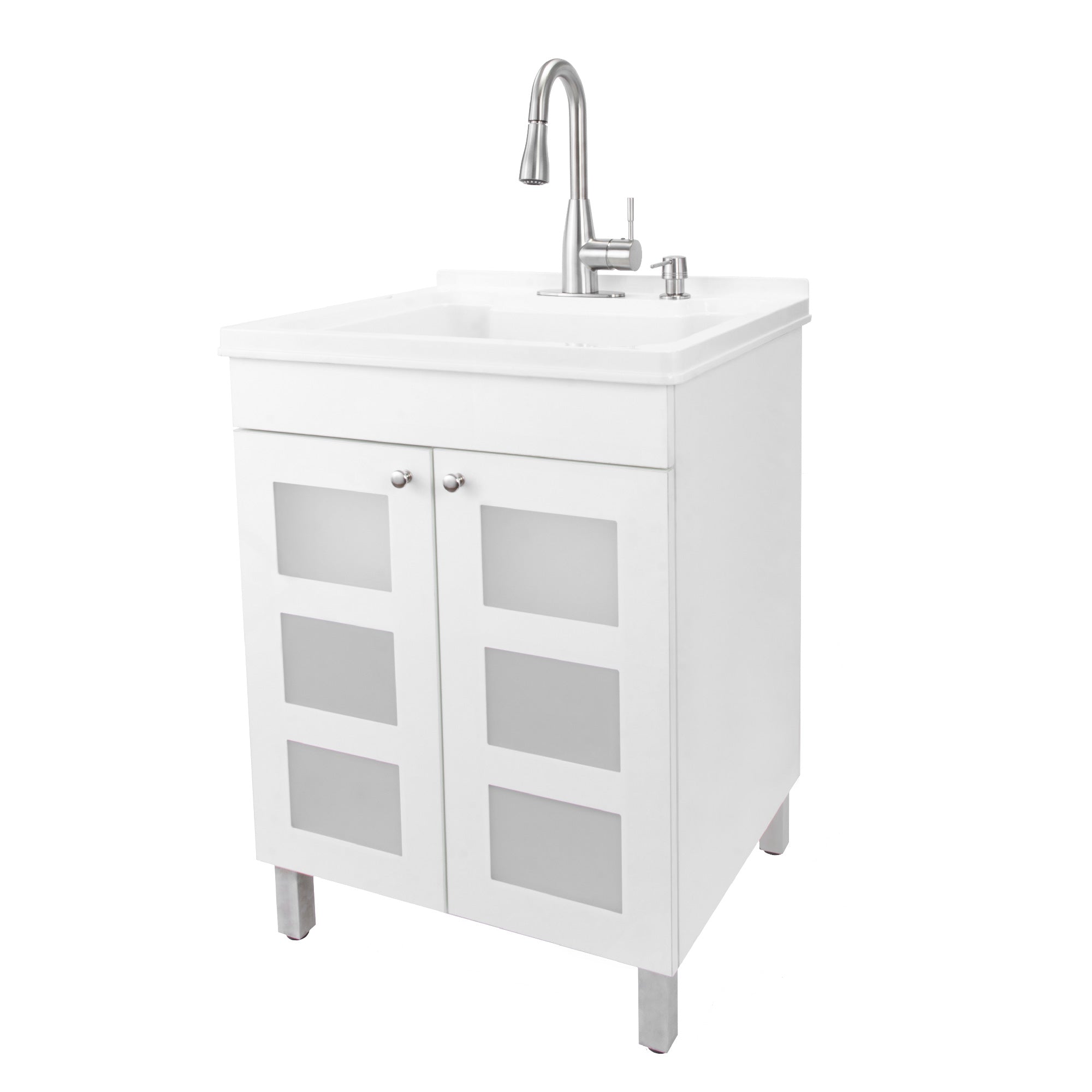 Tehila White Vanity Cabinet and White Utility Sink with Stainless Steel Finish Low-Profile Pull-Down Faucet