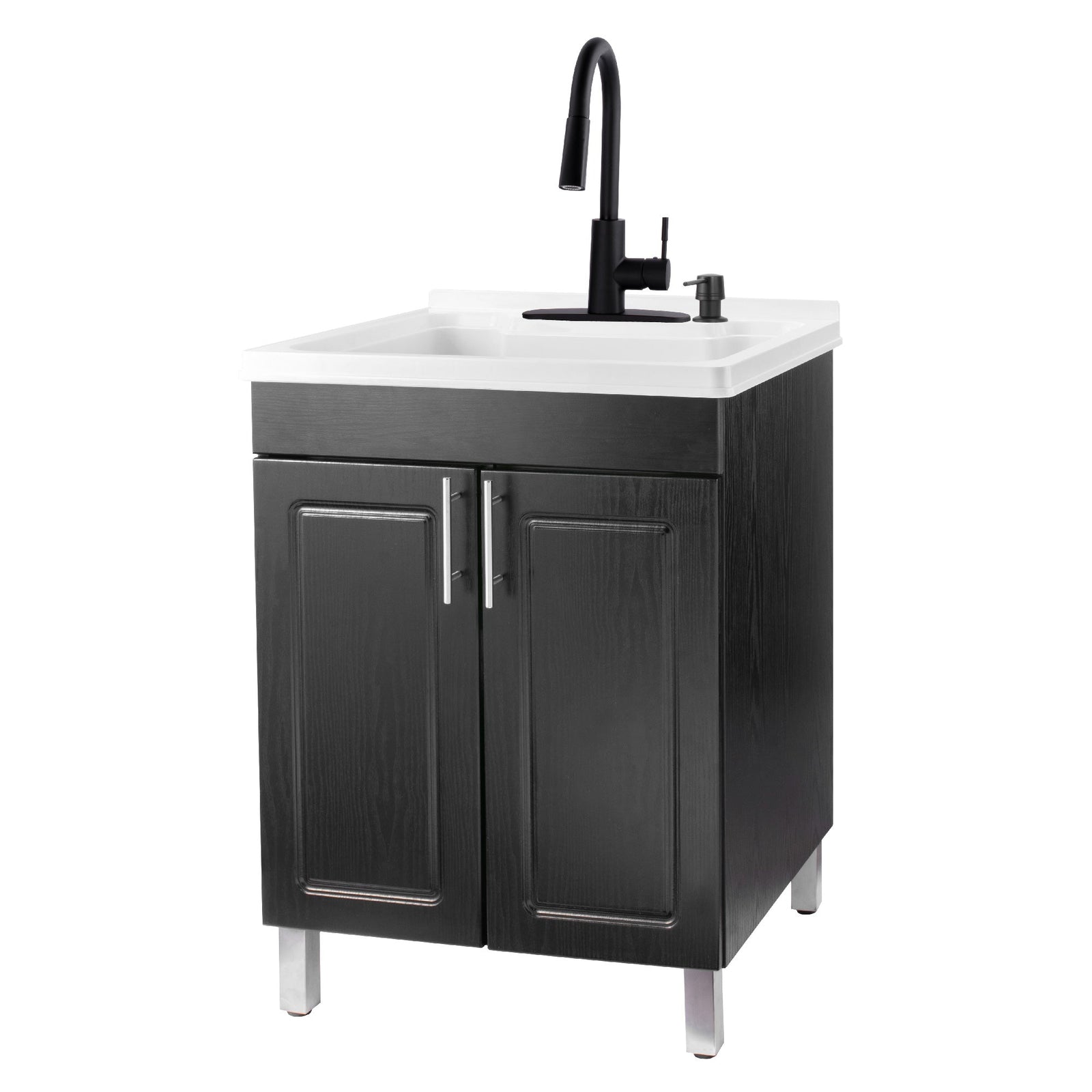 Tehila Black Vanity Cabinet and White Utility Sink with Black Finish High-Arc Pull-Down Faucet