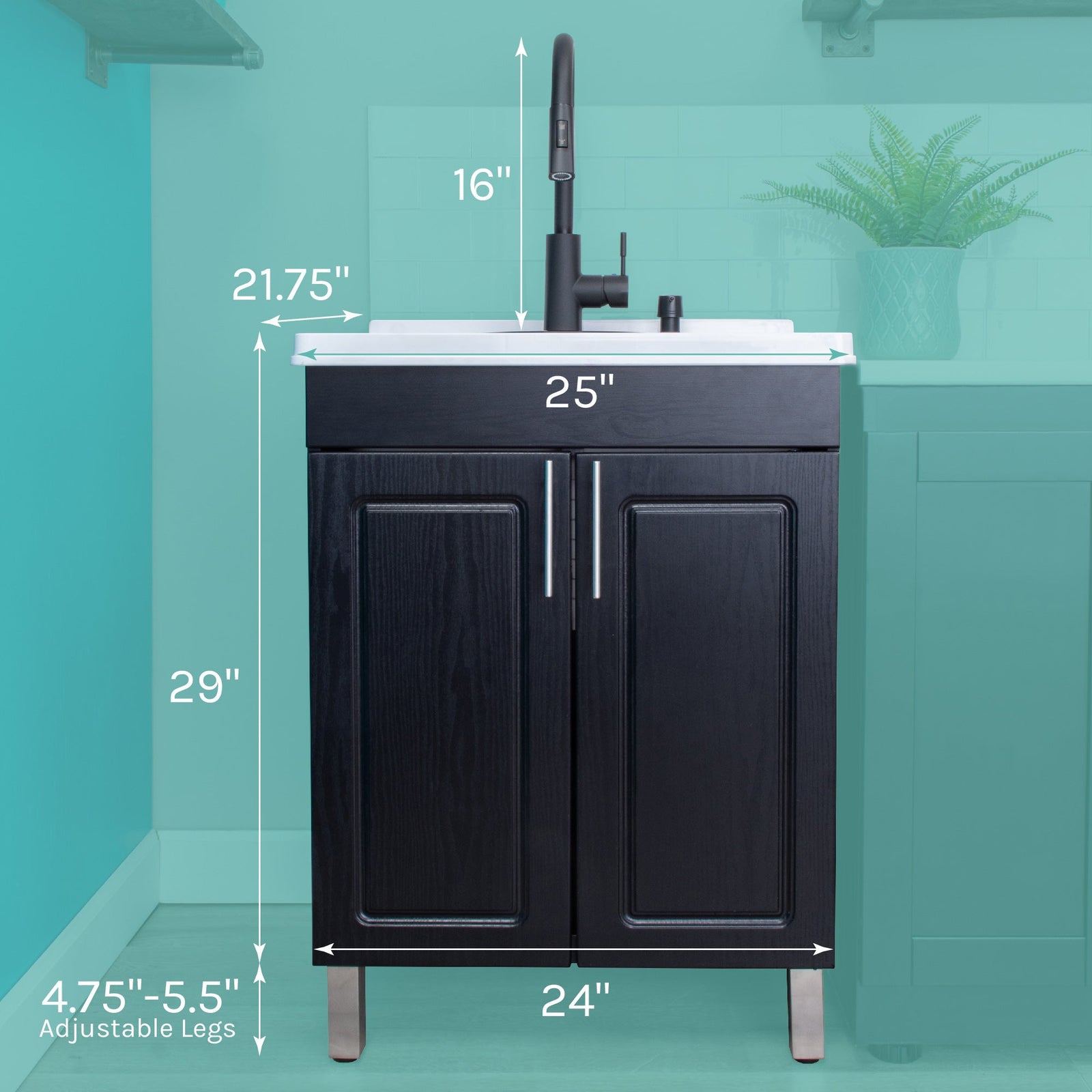 Tehila Black Vanity Cabinet and White Utility Sink with Black Finish High-Arc Pull-Down Faucet