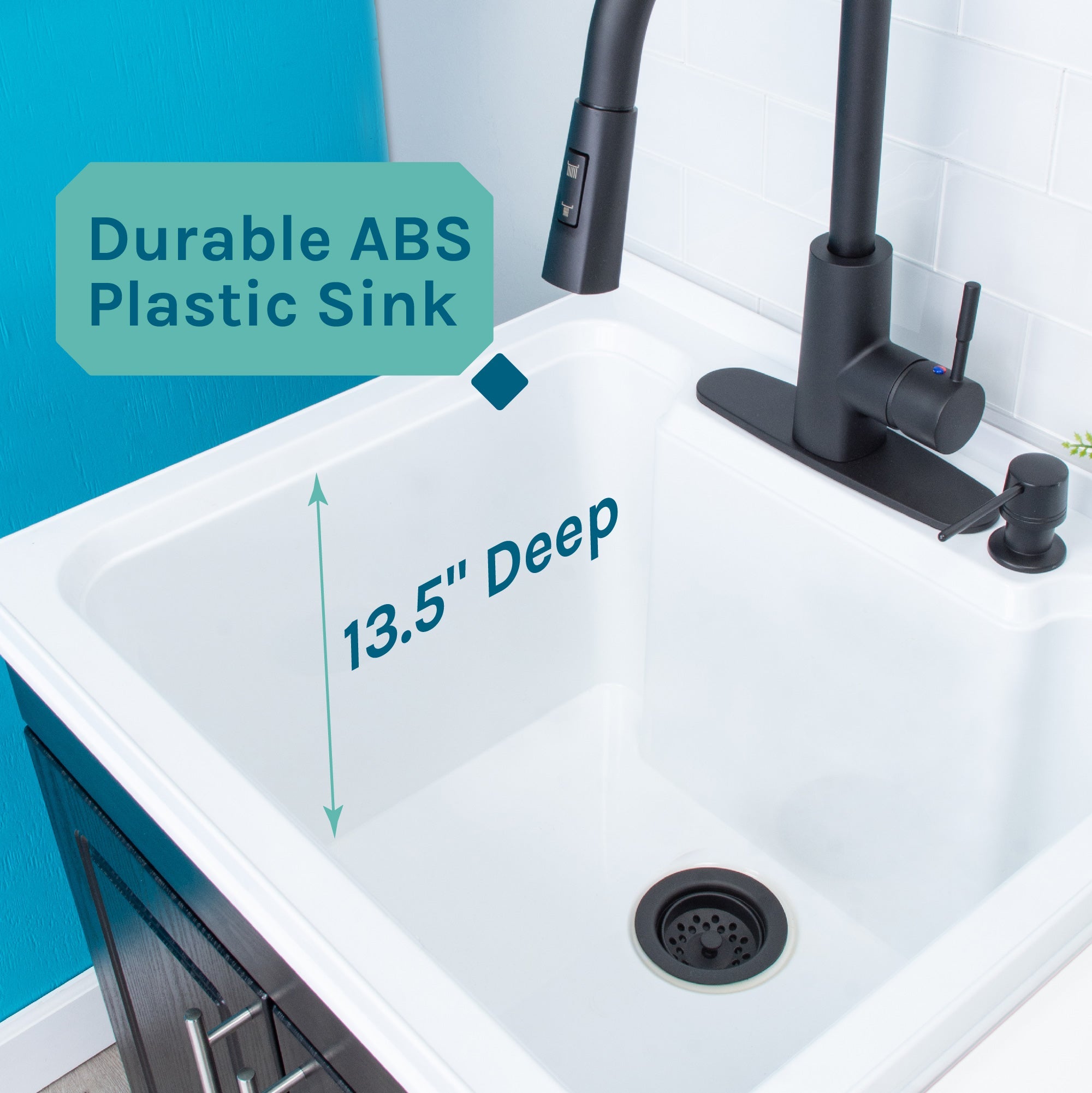 Tehila Black Vanity Cabinet and White Utility Sink with Black Finish High-Arc Pull-Down Faucet