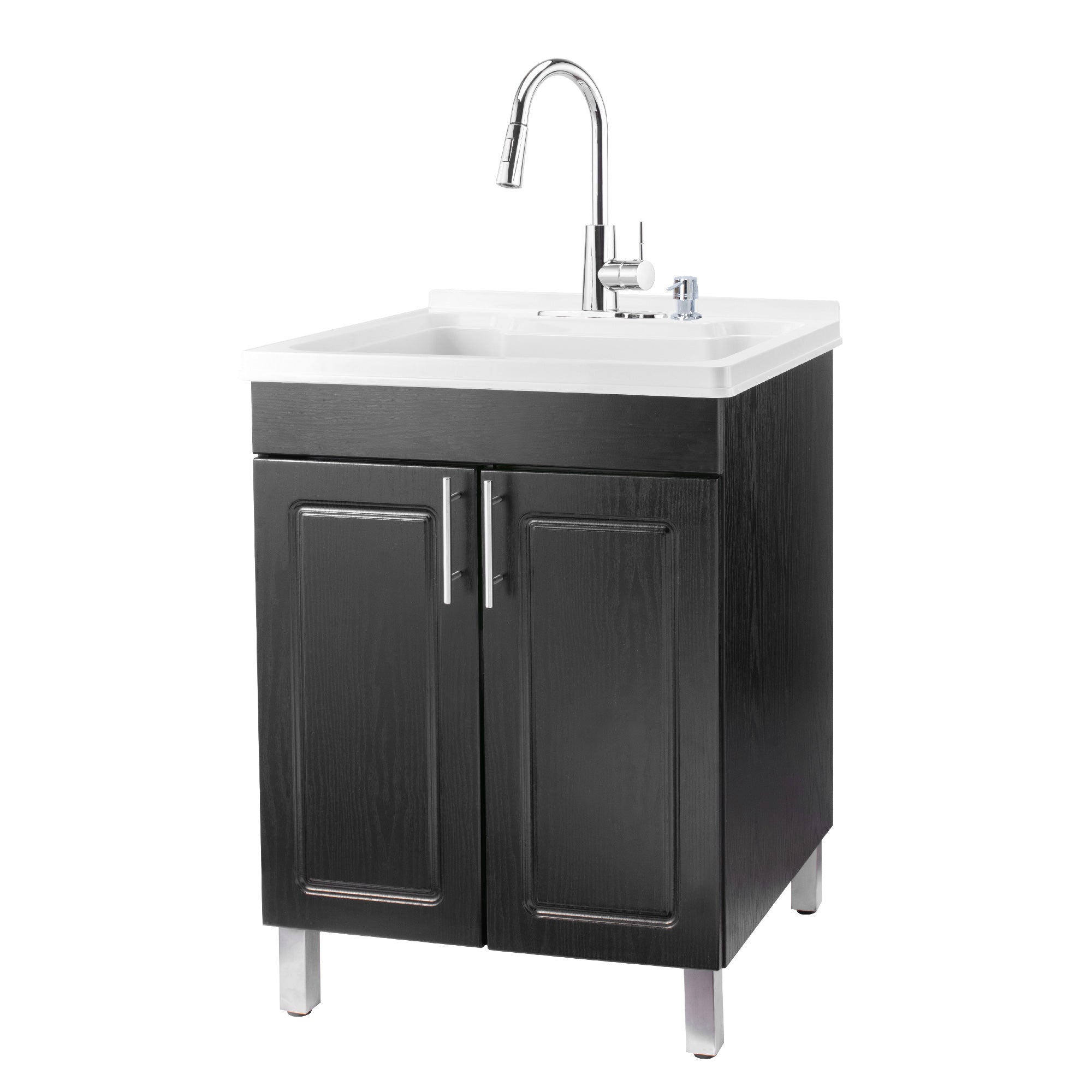 Tehila Black Vanity Cabinet and White Utility Sink with Chrome Finish High-Arc Pull-Down Faucet