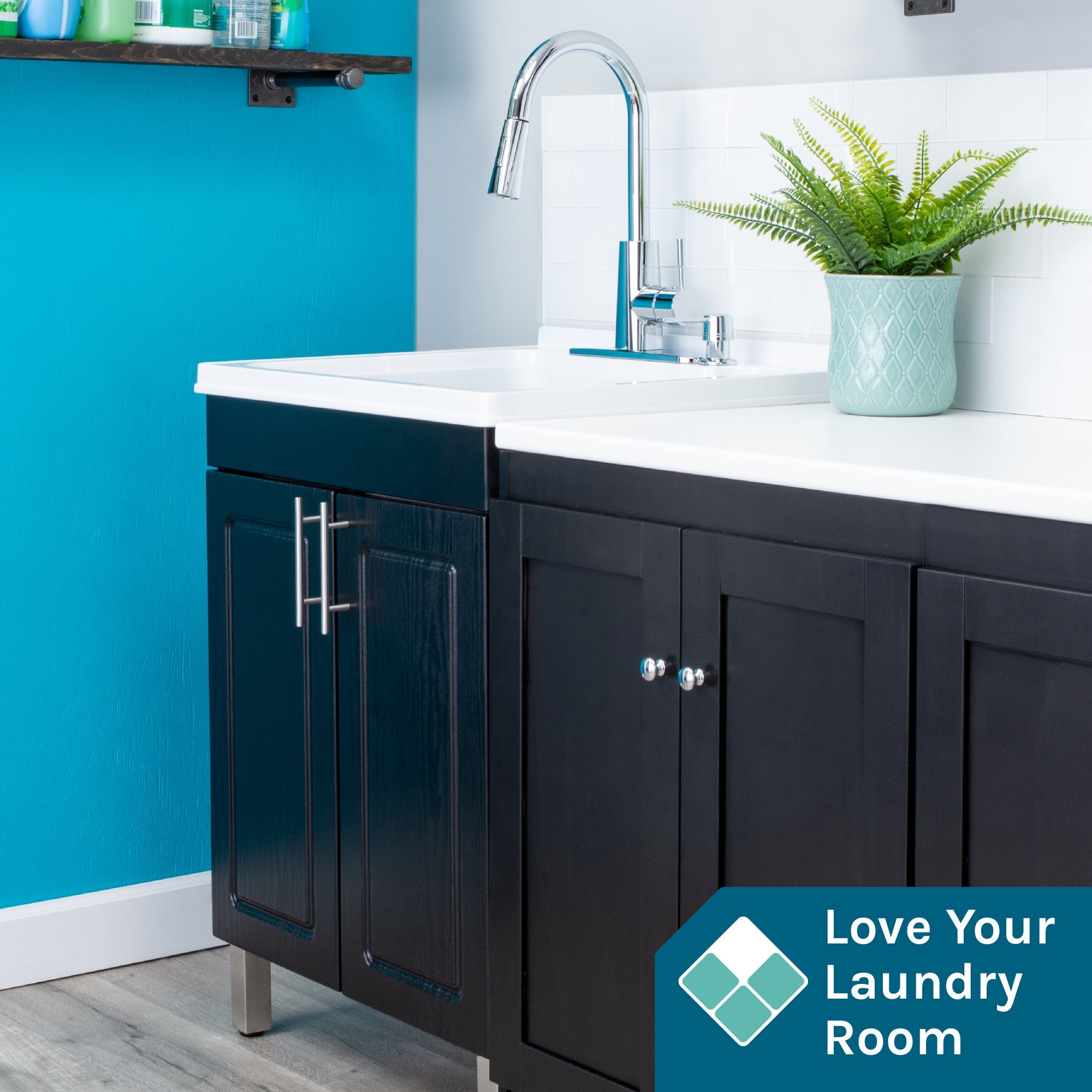 Tehila Black Vanity Cabinet and White Utility Sink with Chrome Finish High-Arc Pull-Down Faucet