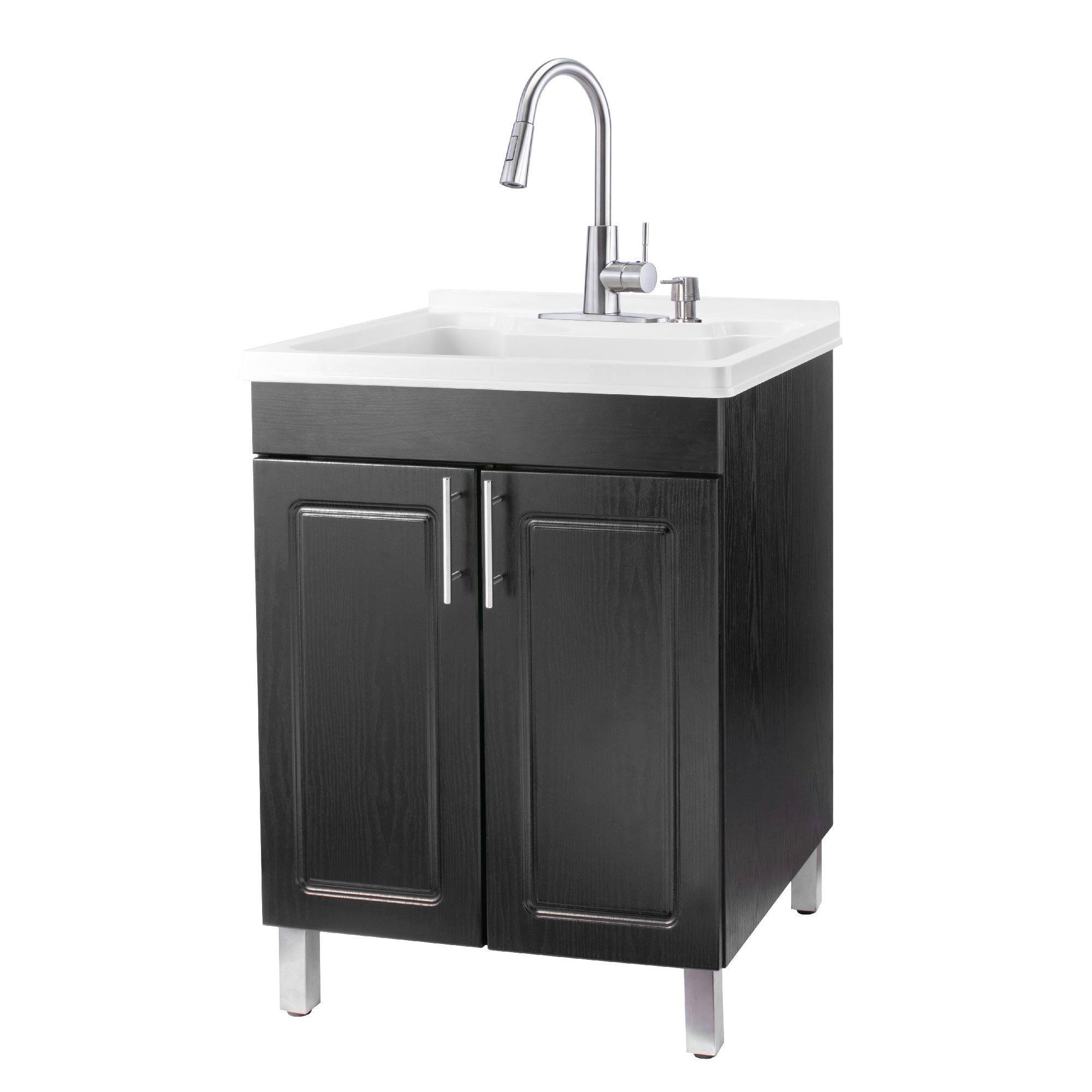 Tehila Black Vanity Cabinet and White Utility Sink with Stainless Steel Finish High-Arc Pull-Down Faucet