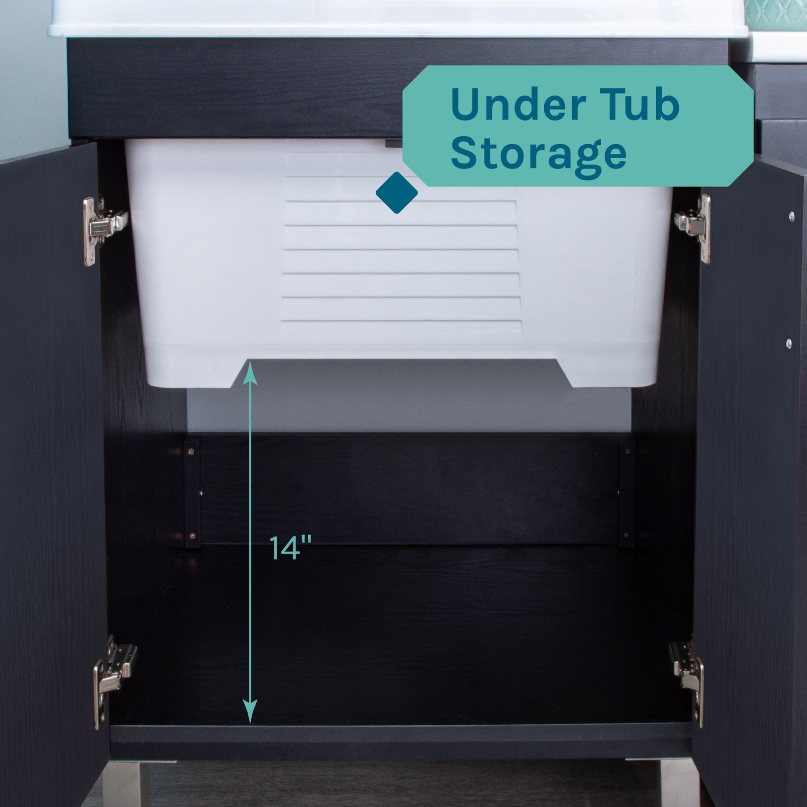 Tehila Black Vanity Cabinet and White Utility Sink with Stainless Steel Finish High-Arc Pull-Down Faucet