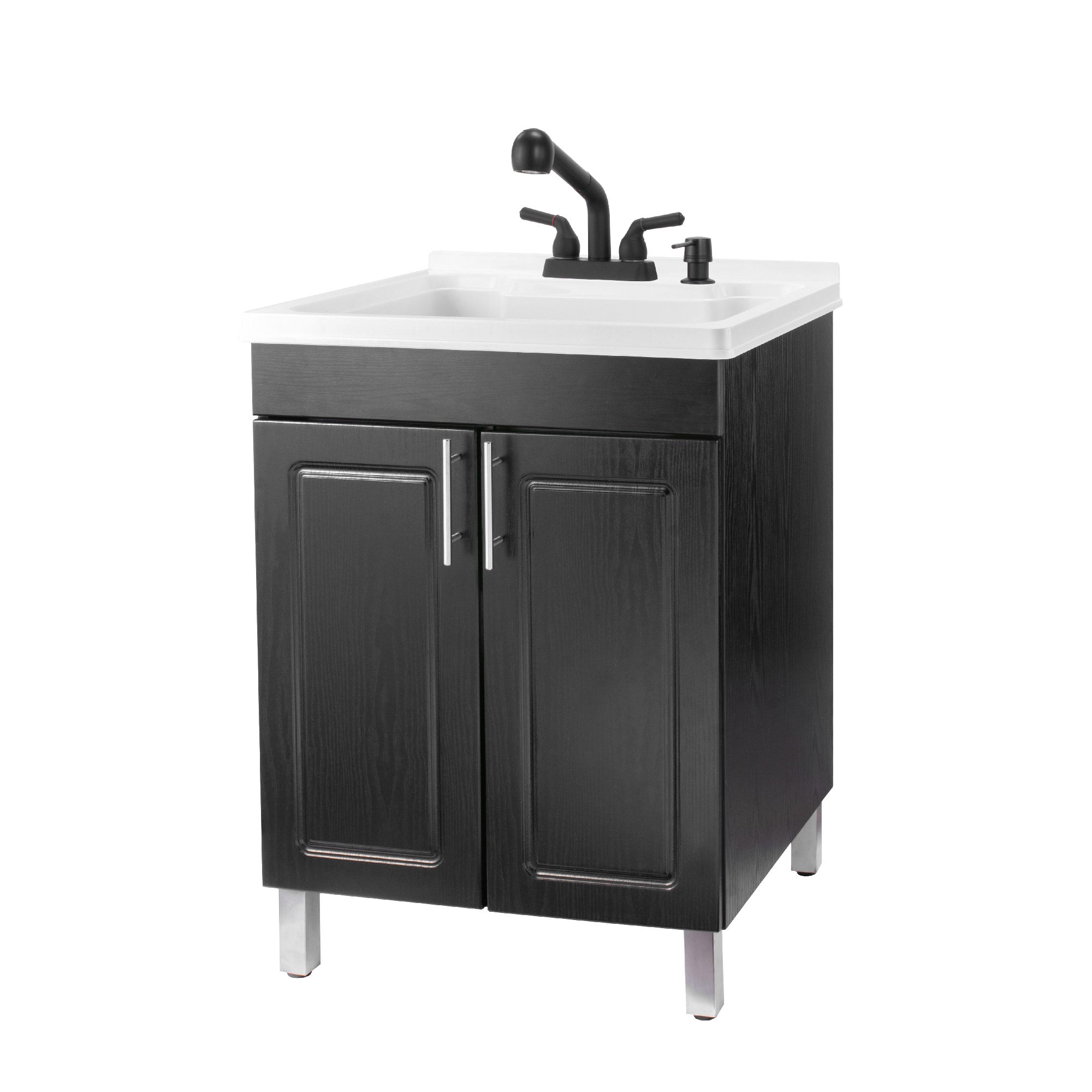 Tehila Black Vanity Cabinet and White Utility Sink with Black Finish Pull-Out Faucet