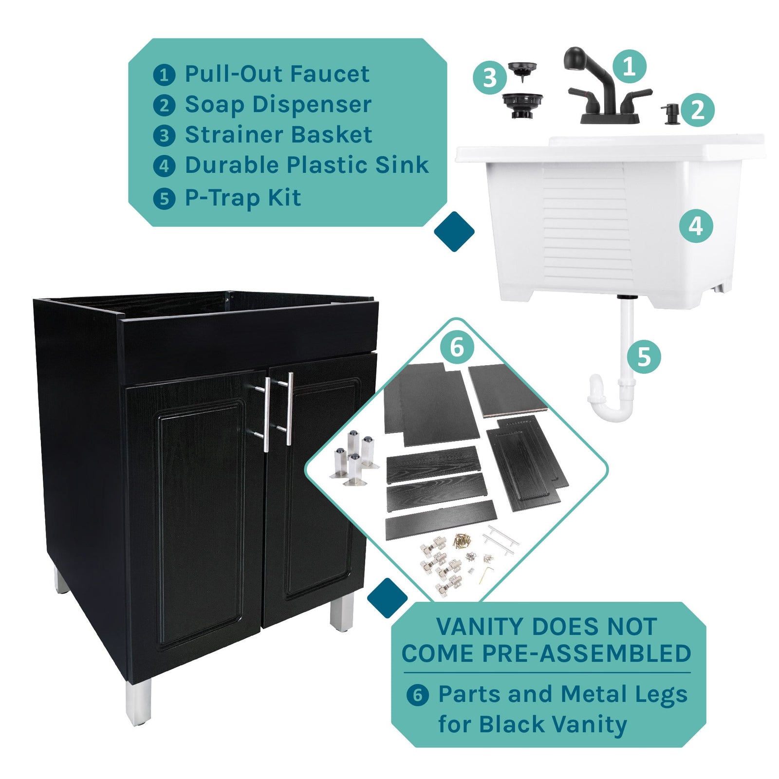 Tehila Black Vanity Cabinet and White Utility Sink with Black Finish Pull-Out Faucet