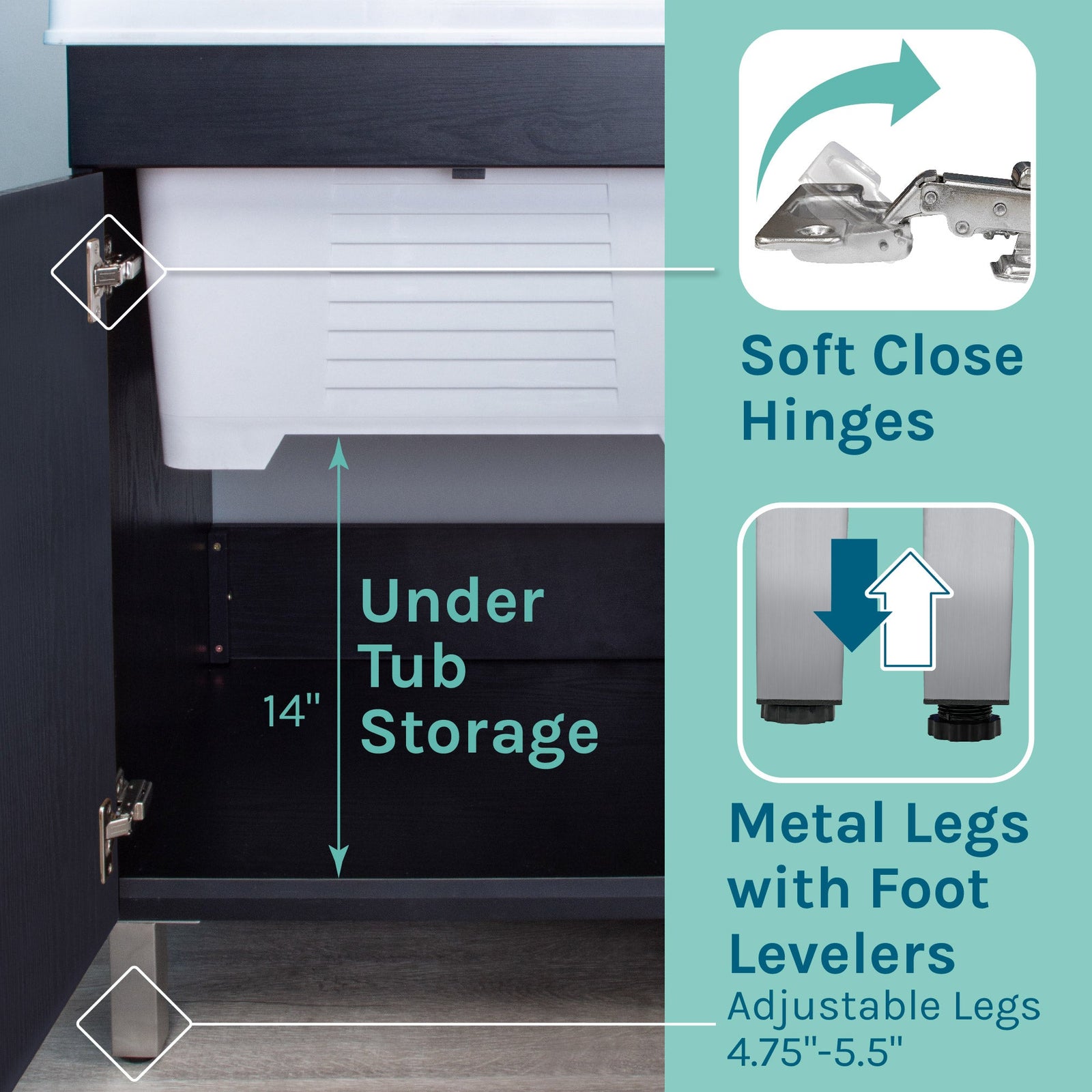 Tehila Black Vanity Cabinet and White Utility Sink with Black Finish Pull-Out Faucet