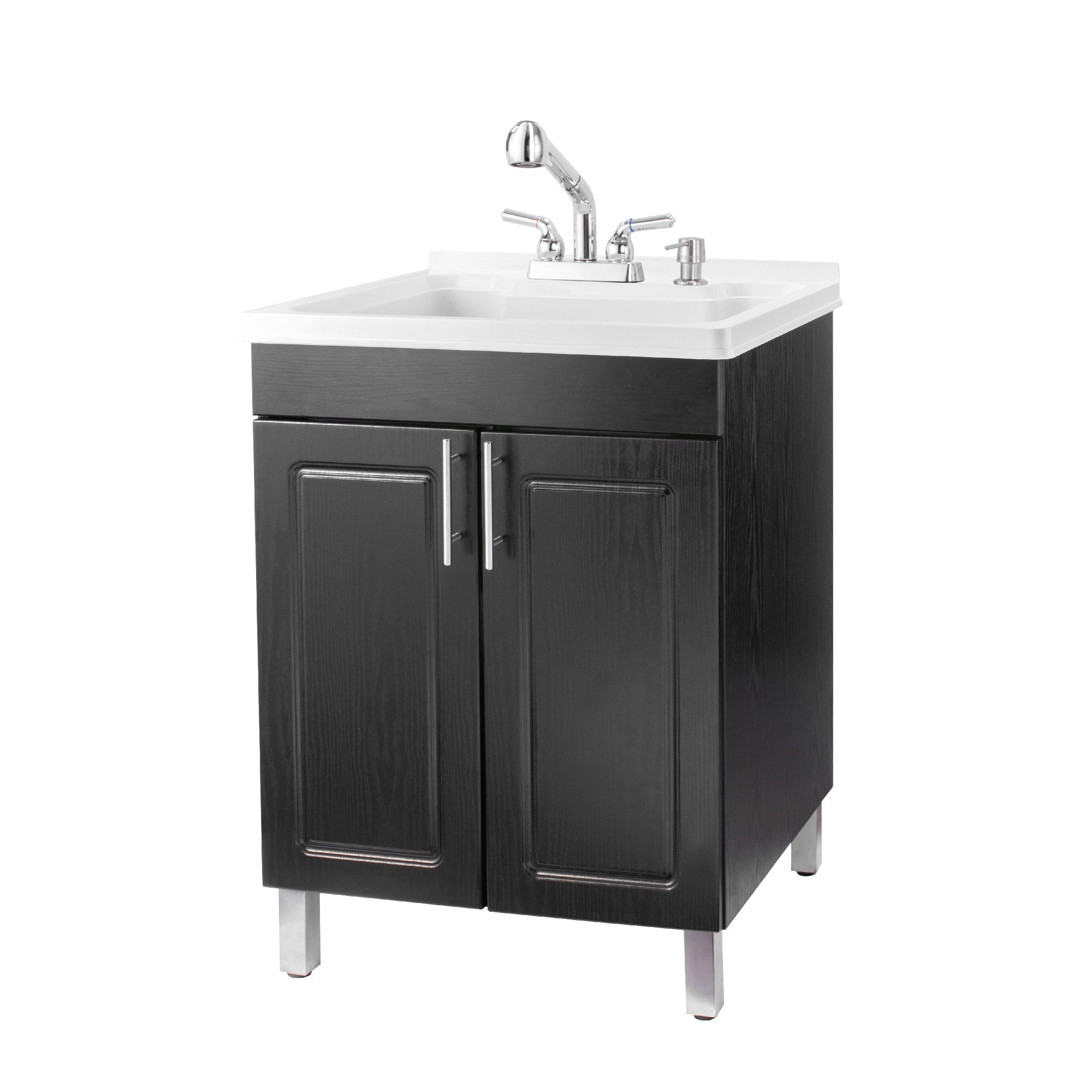 Tehila Black Vanity Cabinet and White Utility Sink with Chrome Finish Pull-Out Faucet