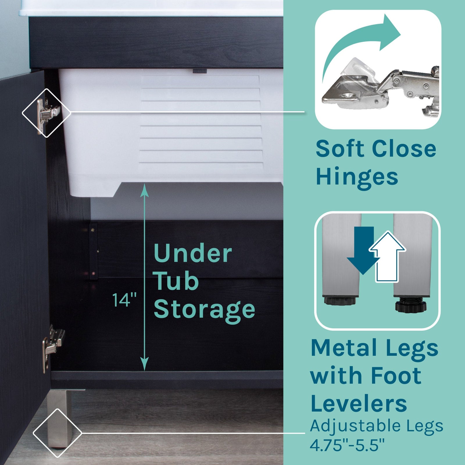 Tehila Black Vanity Cabinet and White Utility Sink with Chrome Finish Pull-Out Faucet