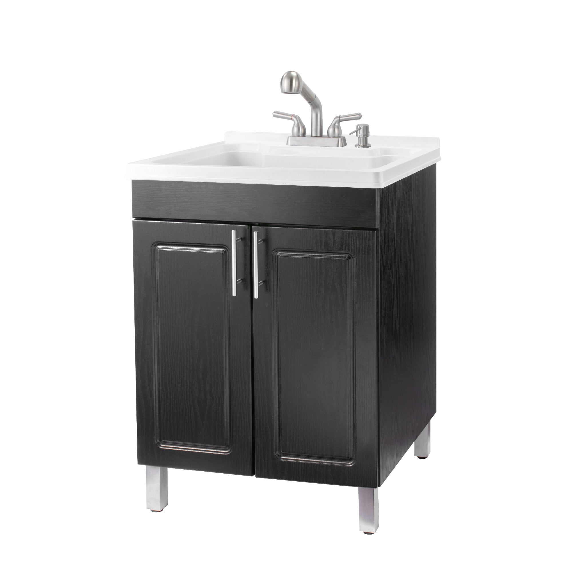 Tehila Black Vanity Cabinet and White Utility Sink with Stainless Steel Finish Pull-Out Faucet