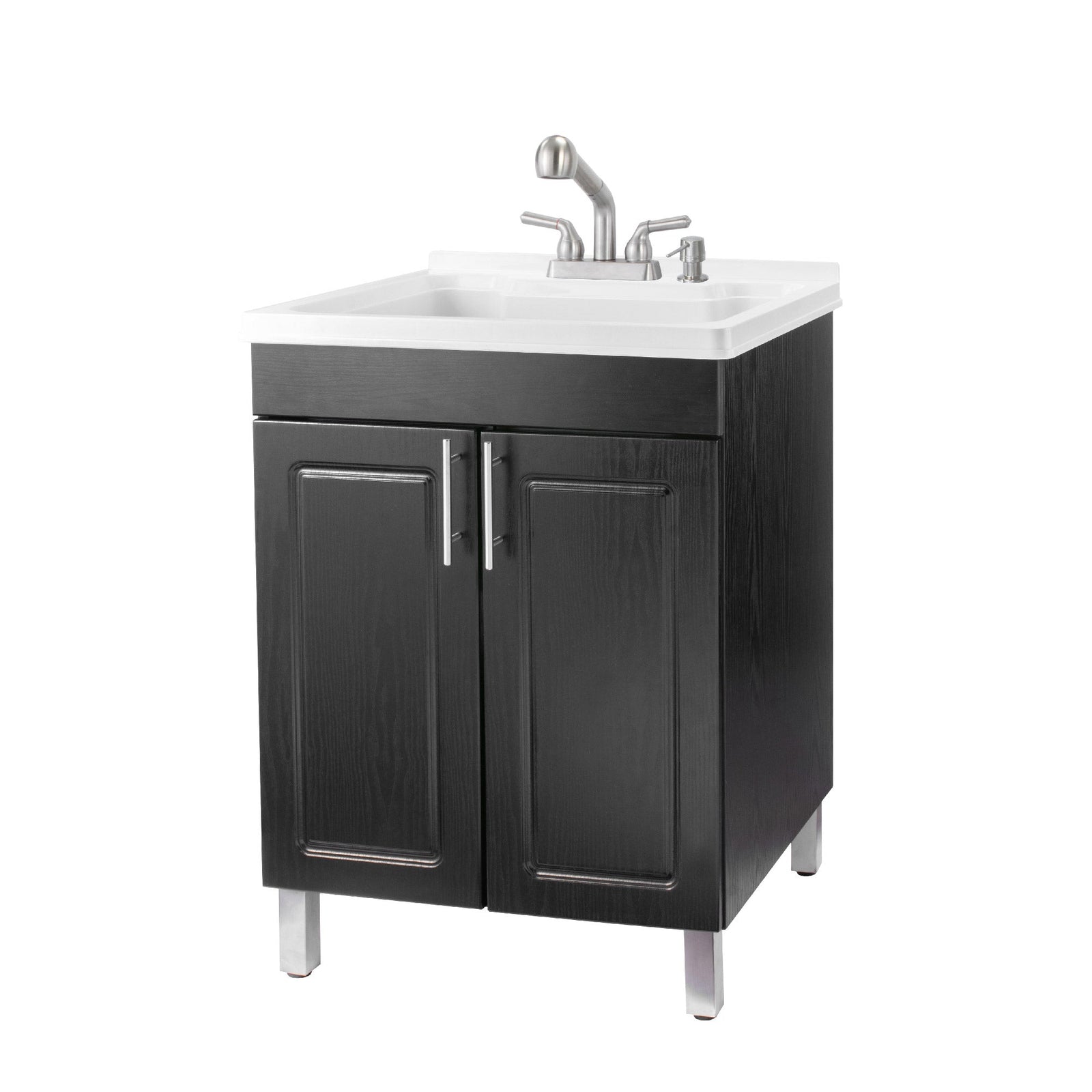 Tehila Black Vanity Cabinet and White Utility Sink with Stainless Steel Finish Pull-Out Faucet