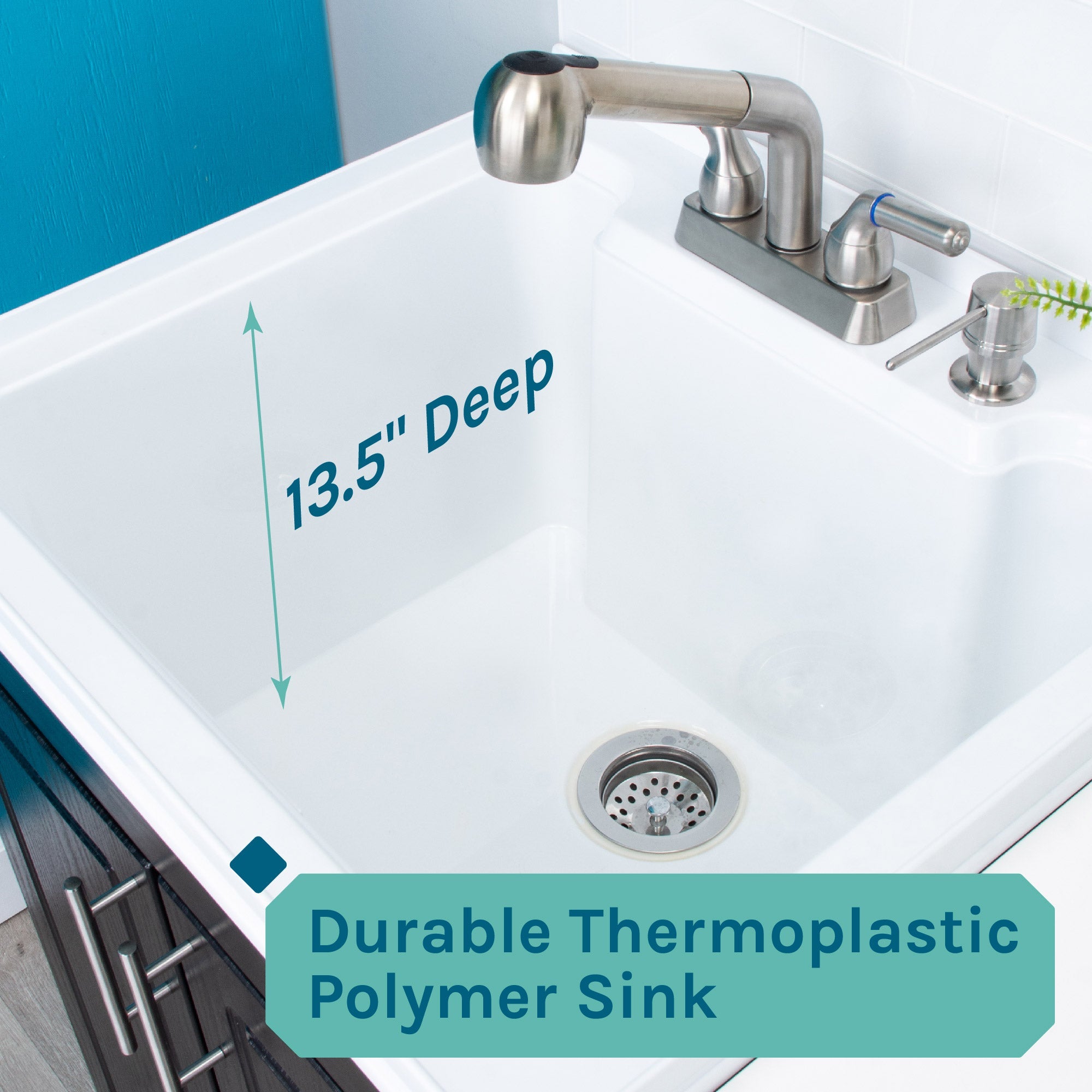 Tehila Black Vanity Cabinet and White Utility Sink with Stainless Steel Finish Pull-Out Faucet