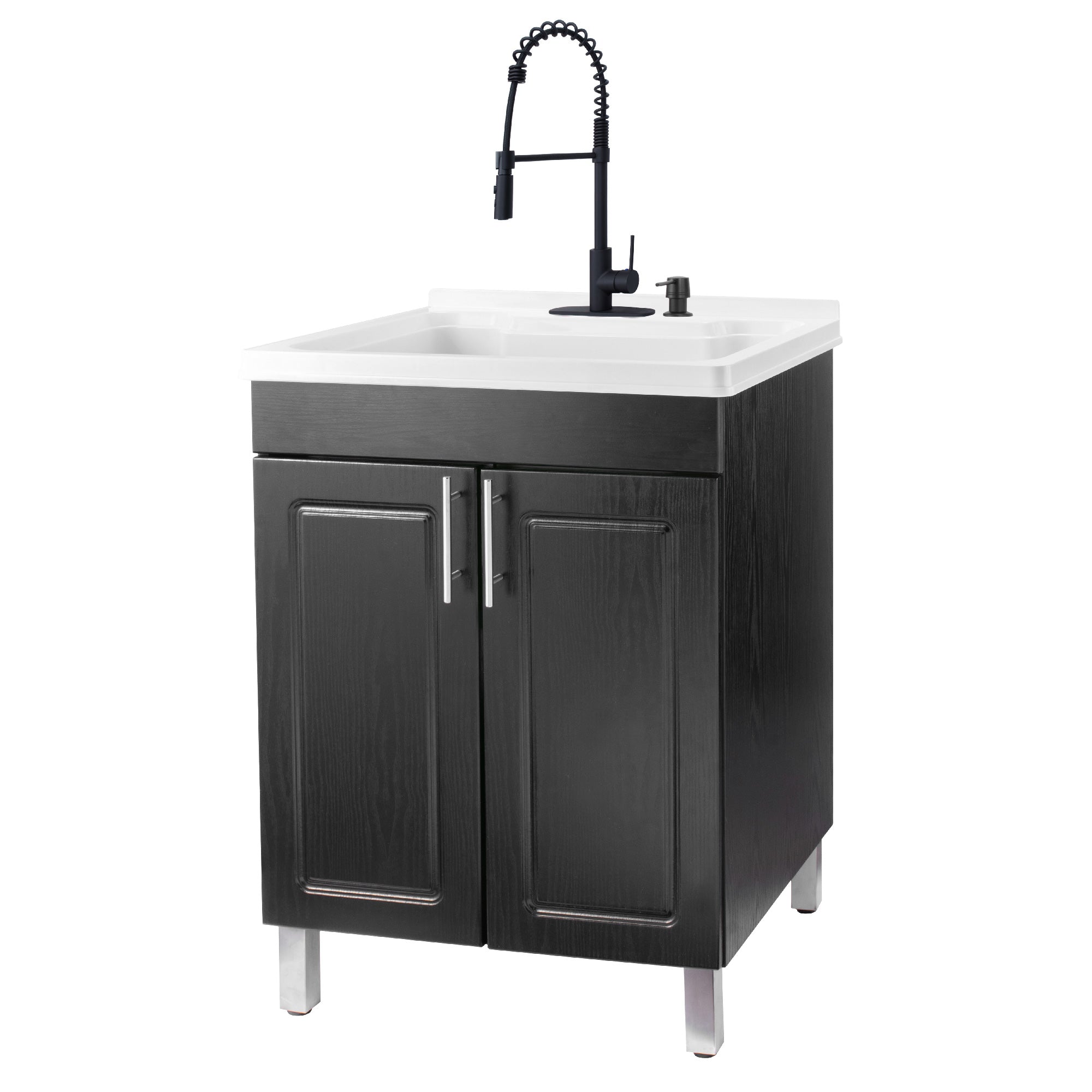 Tehila Black Vanity Cabinet and White Utility Sink with Black Finish High-Arc Coil Pull-Down Faucet