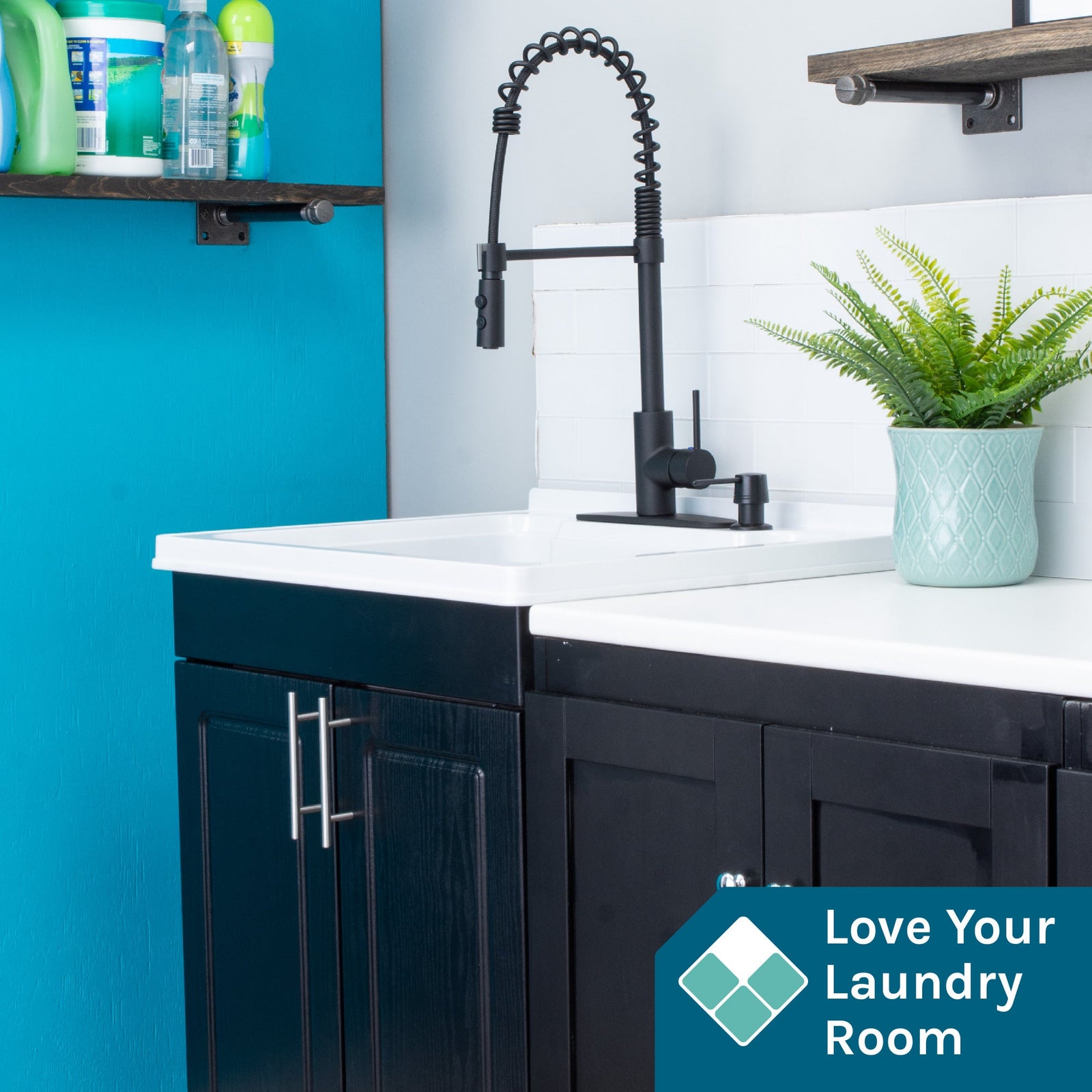 Tehila Black Vanity Cabinet and White Utility Sink with Black Finish High-Arc Coil Pull-Down Faucet