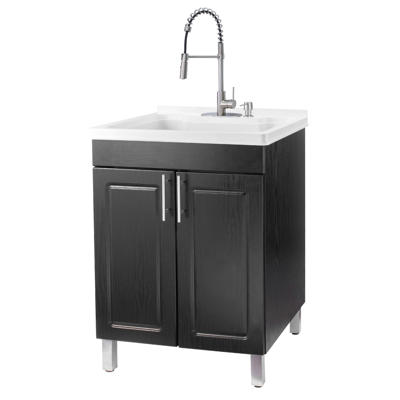 Tehila Black Vanity Cabinet and White Utility Sink with Stainless Steel Finish High-Arc Coil Pull-Down Faucet