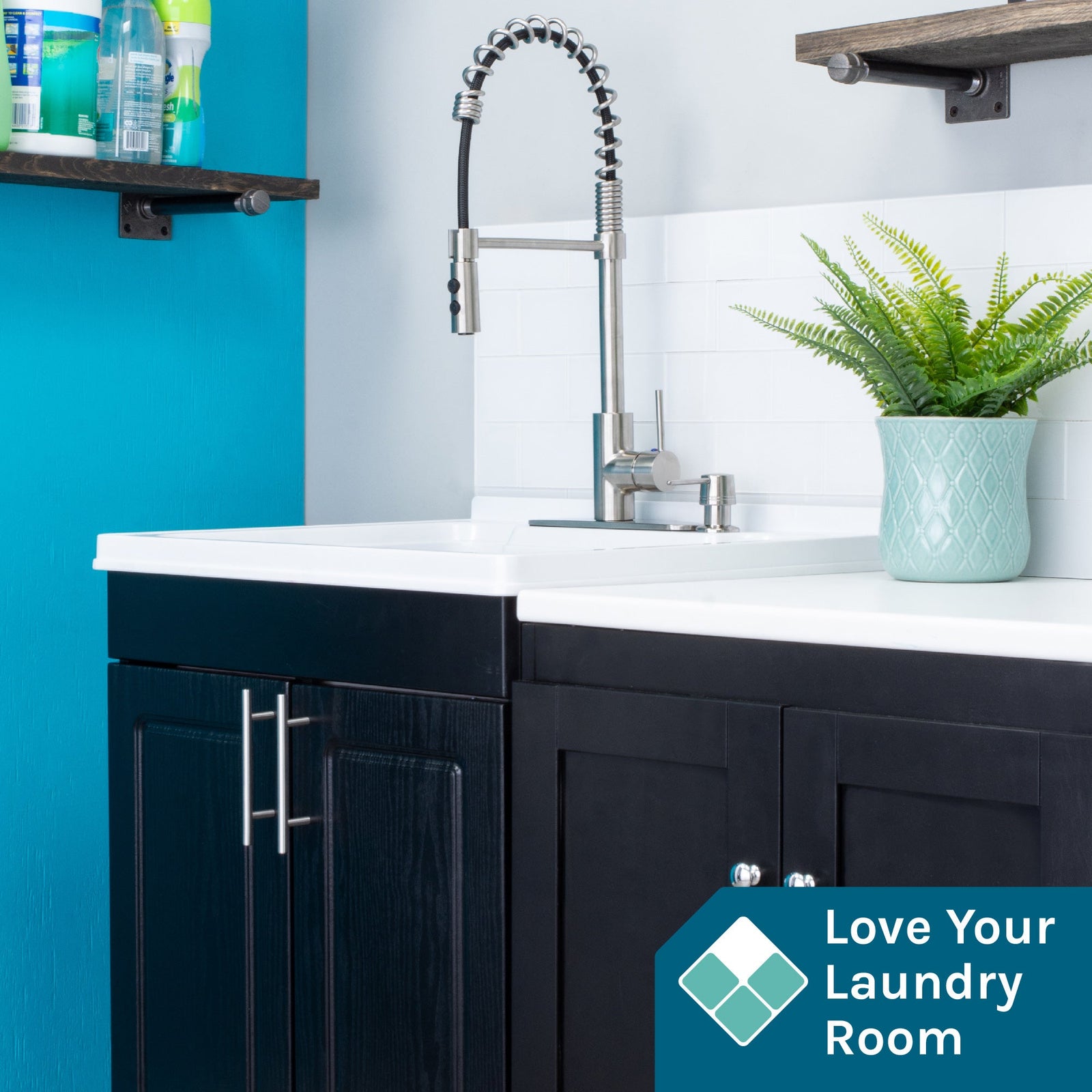 Tehila Black Vanity Cabinet and White Utility Sink with Stainless Steel Finish High-Arc Coil Pull-Down Faucet