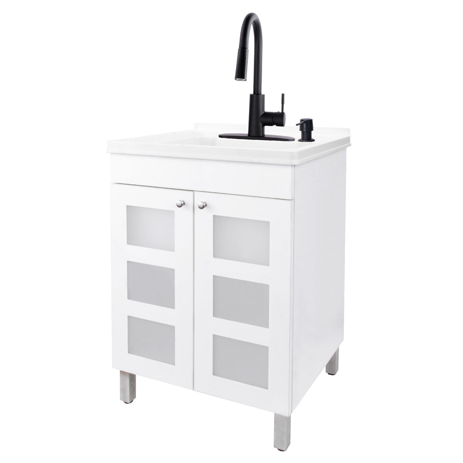 Tehila White Vanity Cabinet and White Utility Sink with Black Finish High-Arc Pull-Down Faucet