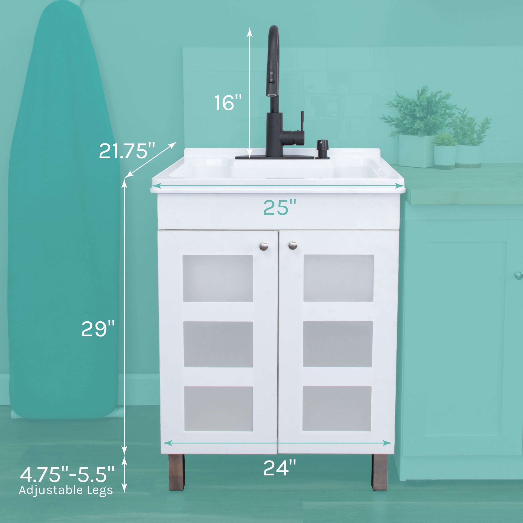 Tehila White Vanity Cabinet and White Utility Sink with Black Finish High-Arc Pull-Down Faucet