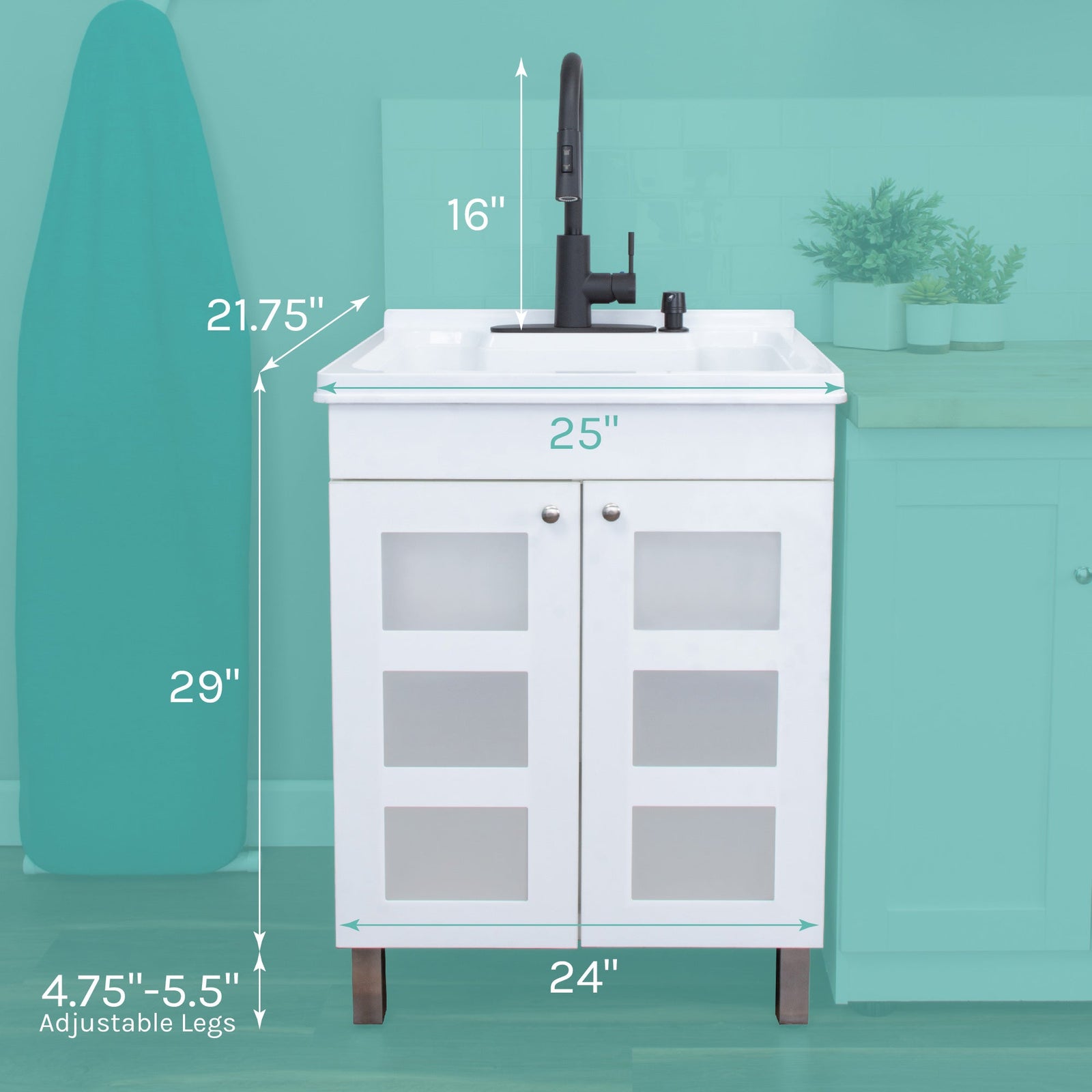 Tehila White Vanity Cabinet and White Utility Sink with Black Finish High-Arc Pull-Down Faucet