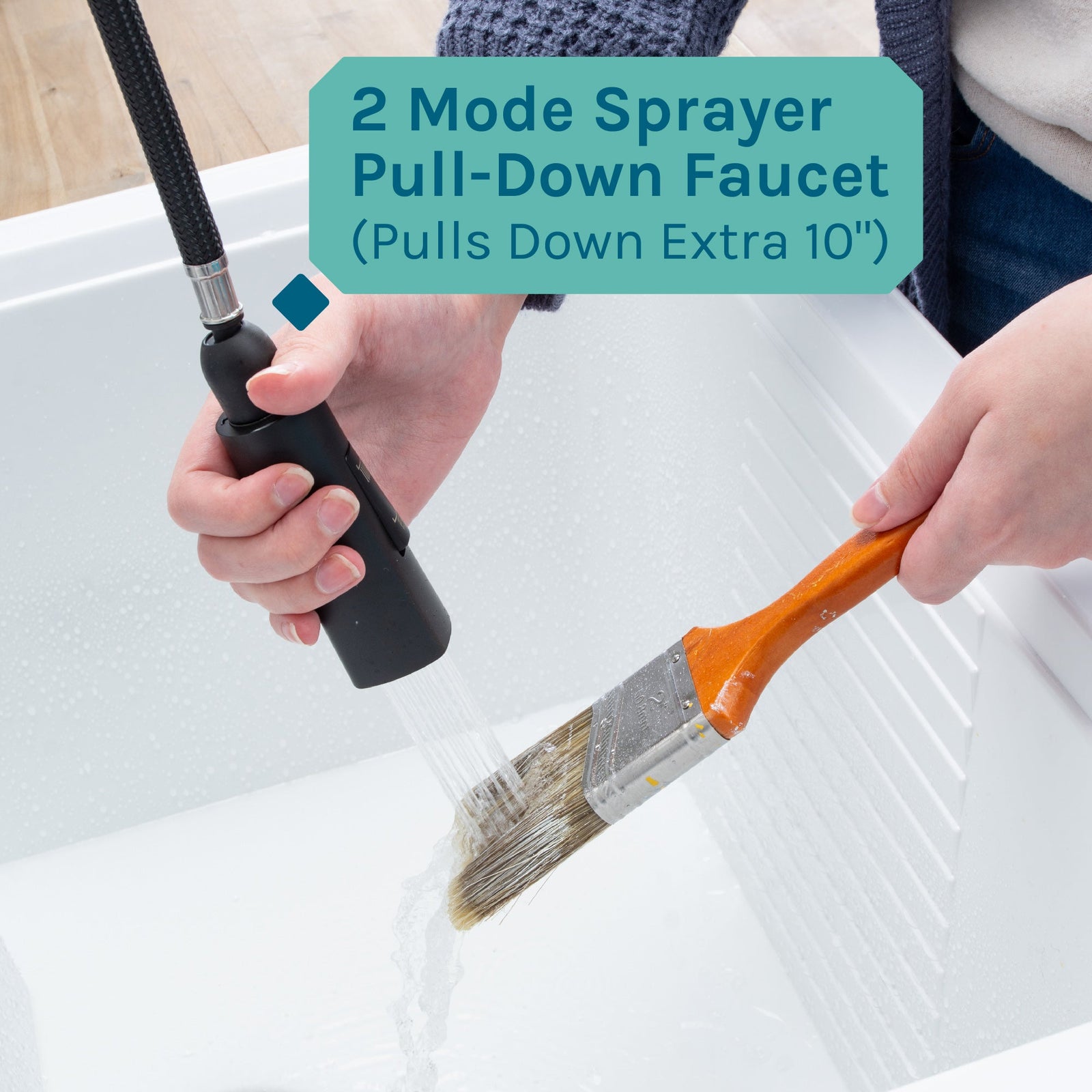 Tehila White Vanity Cabinet and White Utility Sink with Black Finish High-Arc Pull-Down Faucet