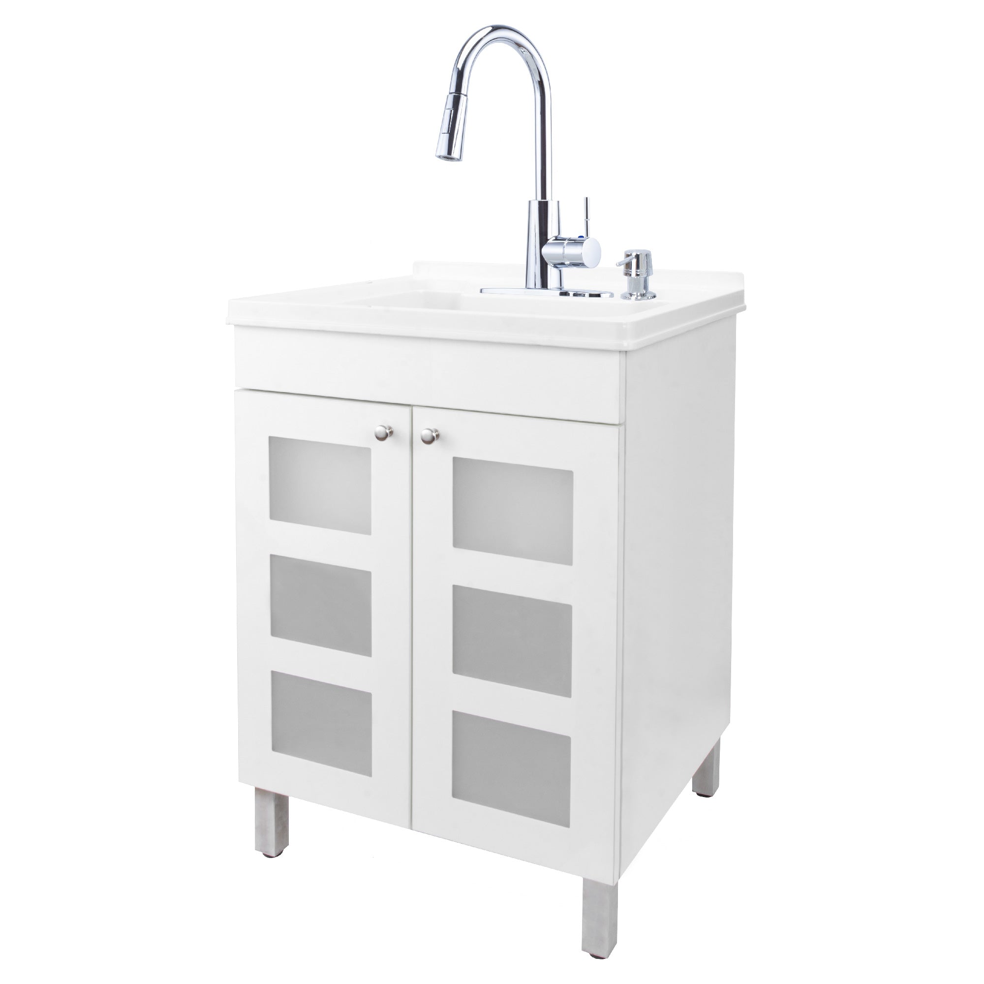 Tehila White Vanity Cabinet and White Utility Sink with Chrome Finish High-Arc Pull-Down Faucet
