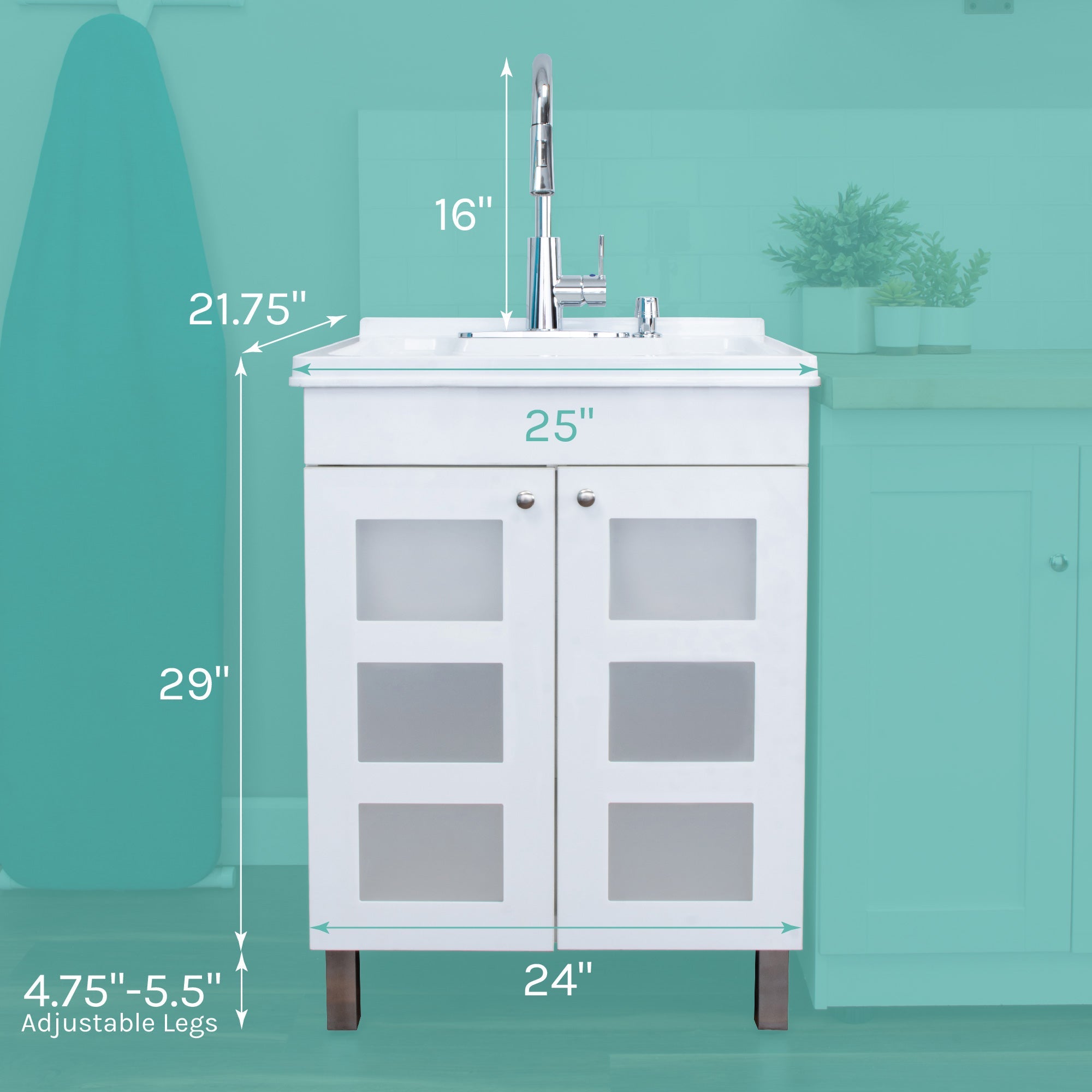 Tehila White Vanity Cabinet and White Utility Sink with Chrome Finish High-Arc Pull-Down Faucet