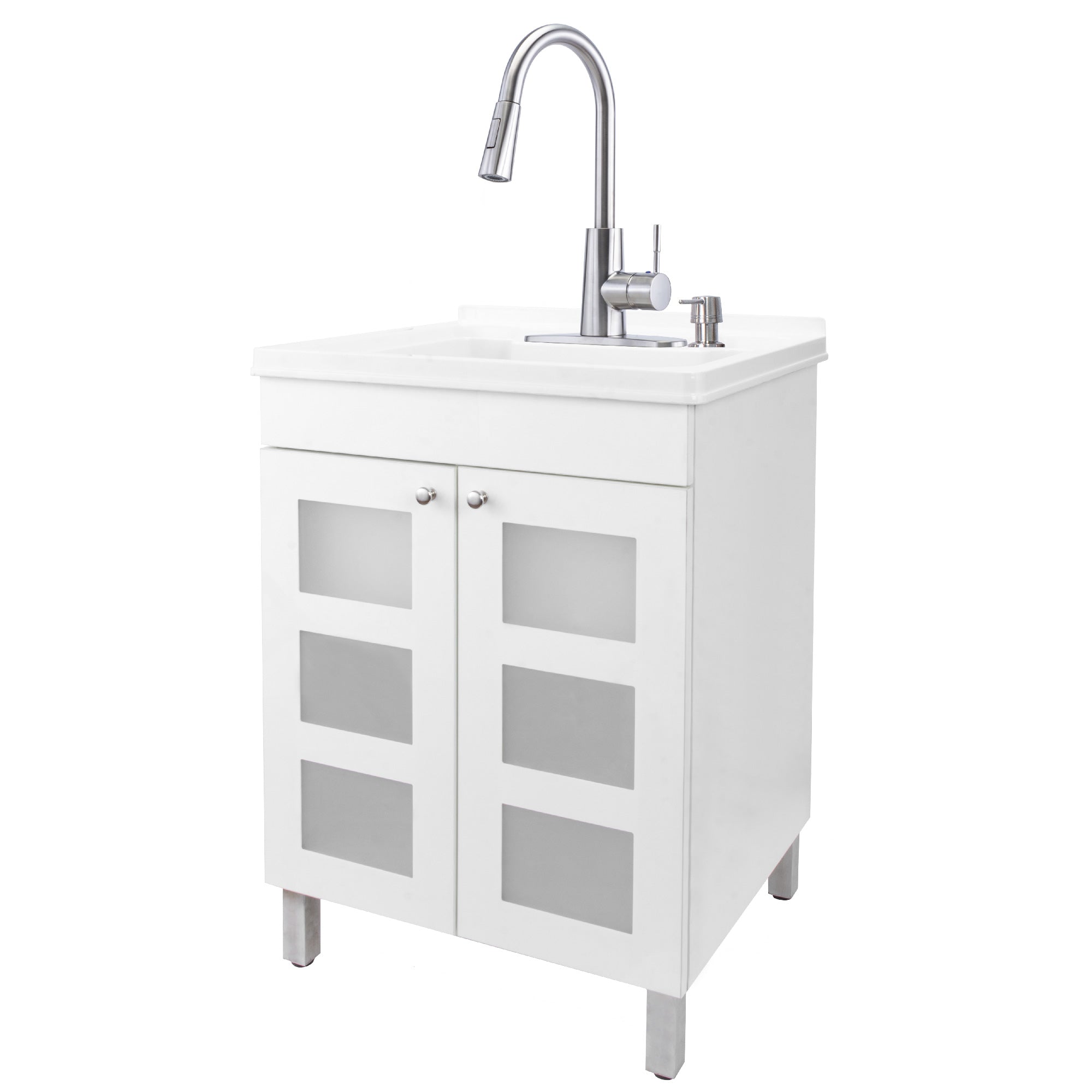 Tehila White Vanity Cabinet and White Utility Sink with Stainless Steel Finish High-Arc Pull-Down Faucet
