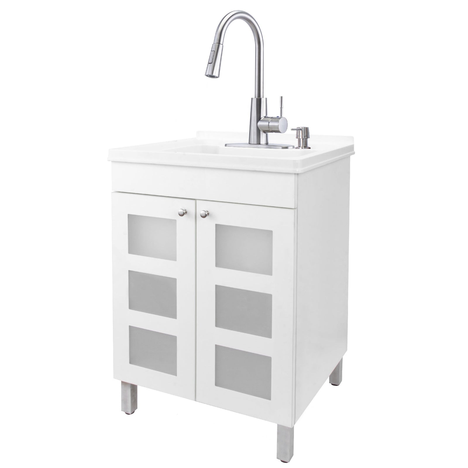 Tehila White Vanity Cabinet and White Utility Sink with Stainless Steel Finish High-Arc Pull-Down Faucet
