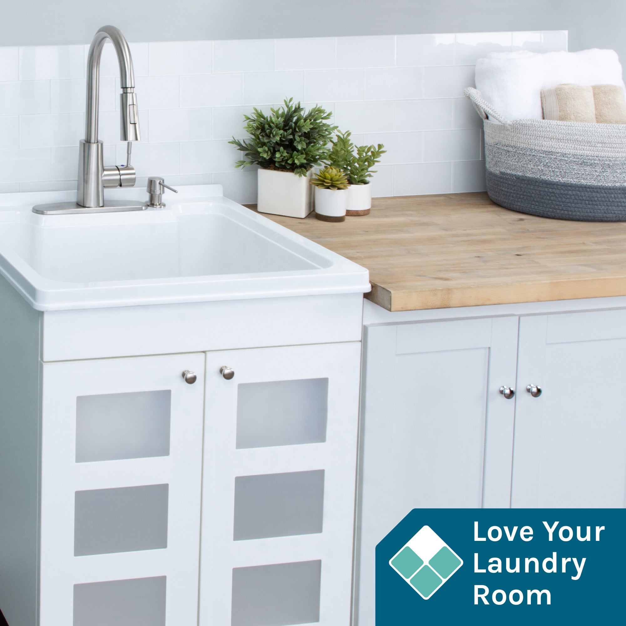 Tehila White Vanity Cabinet and White Utility Sink with Stainless Steel Finish High-Arc Pull-Down Faucet