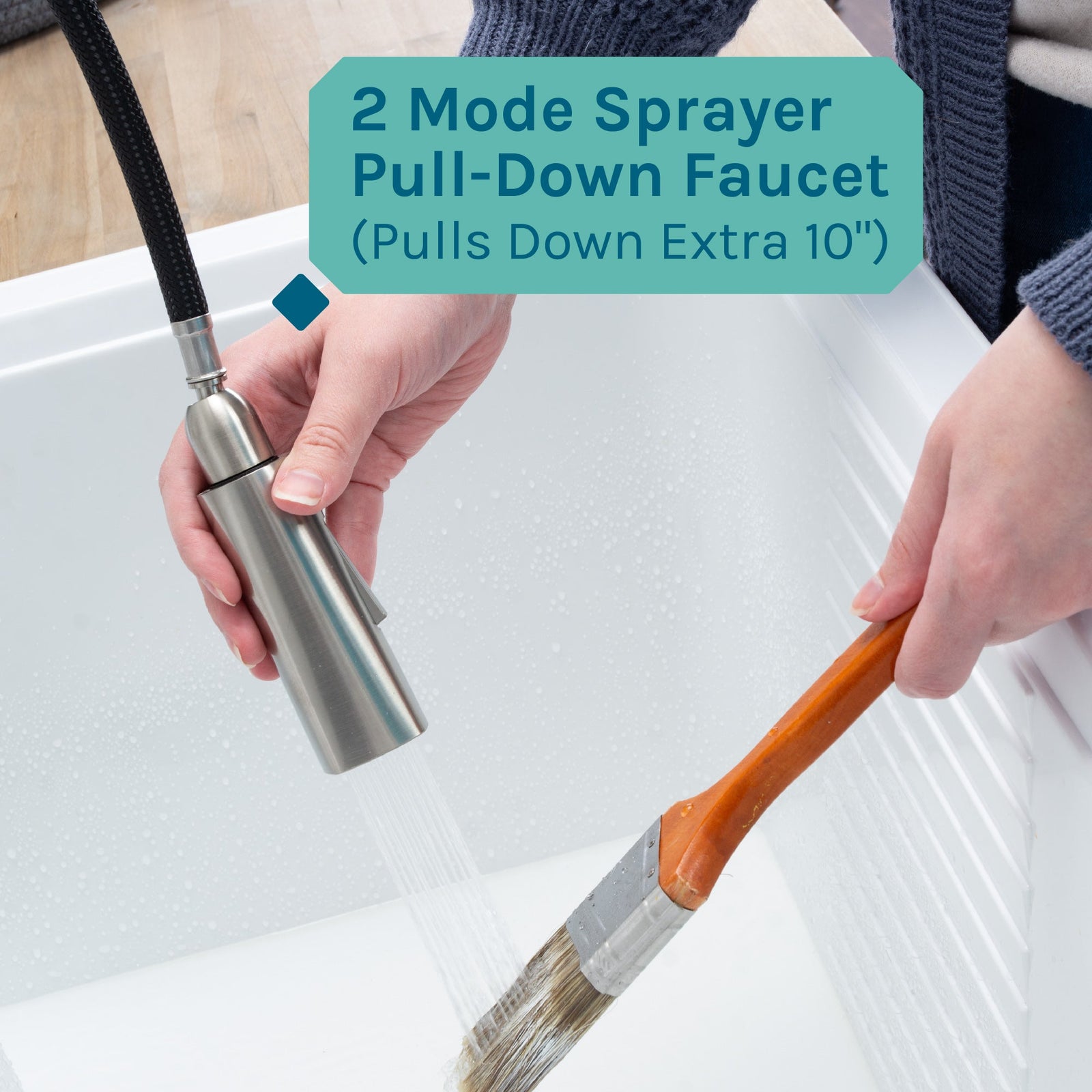 Tehila White Vanity Cabinet and White Utility Sink with Stainless Steel Finish High-Arc Pull-Down Faucet