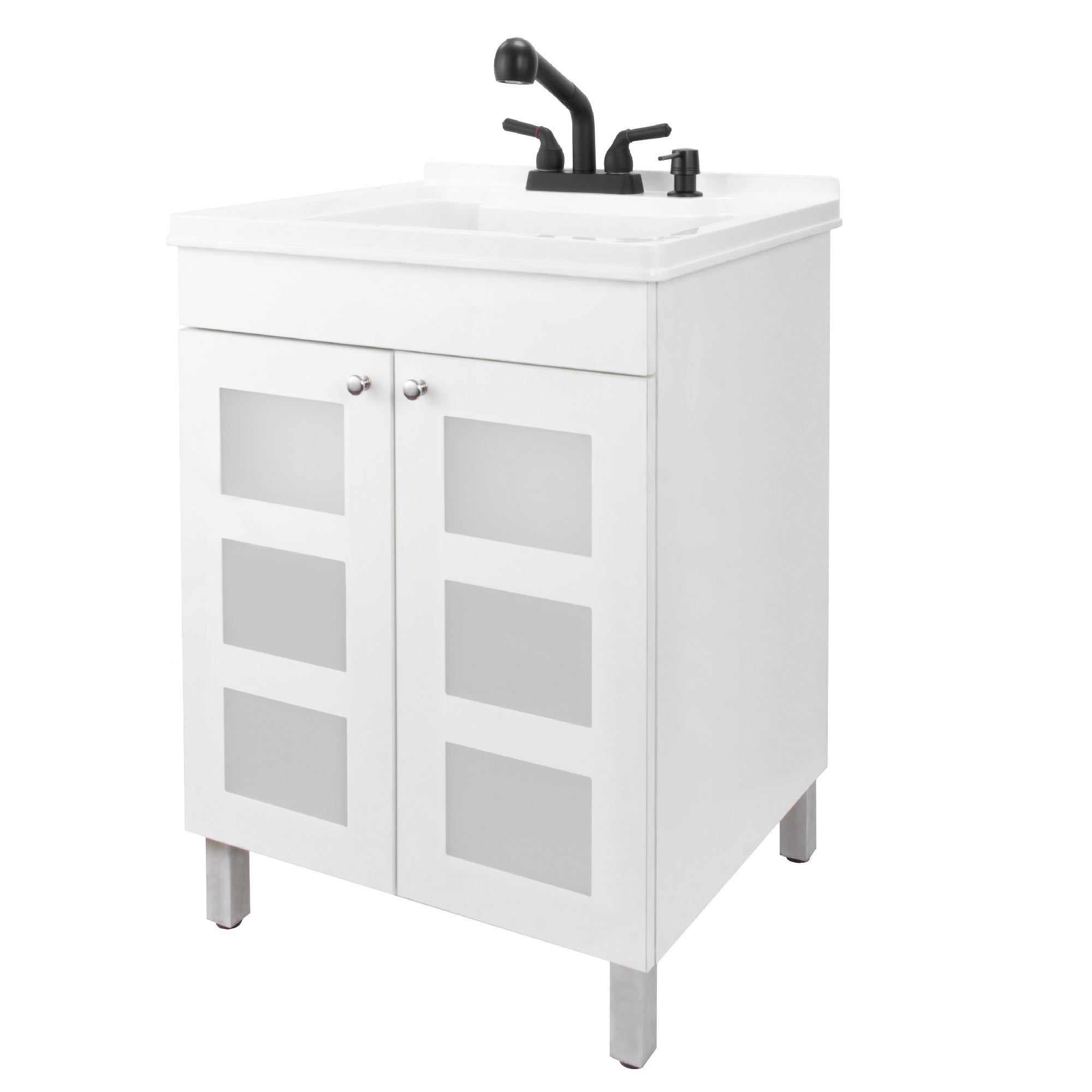 Tehila White Vanity Cabinet and White Utility Sink with Black Finish Pull-Out Faucet