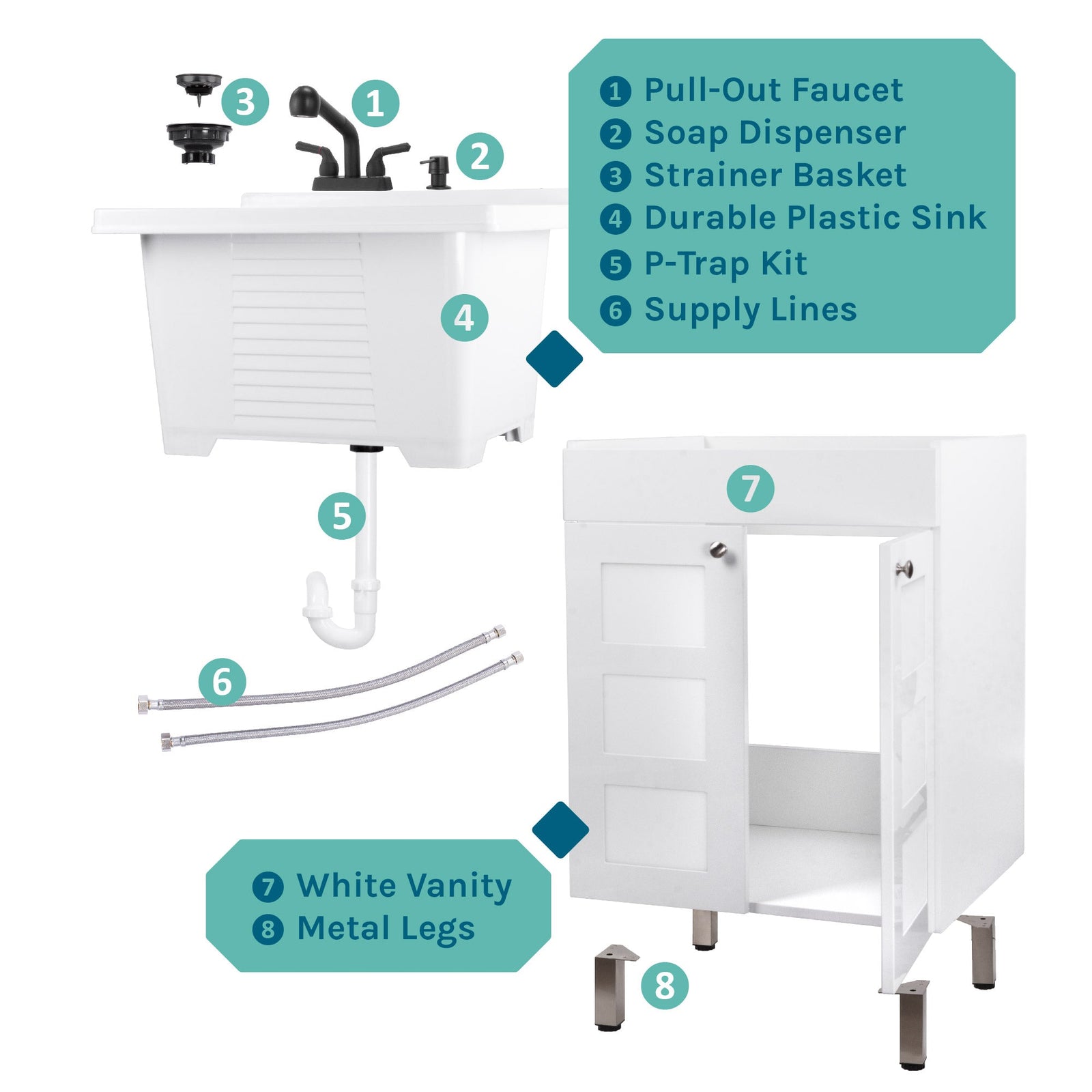 Tehila White Vanity Cabinet and White Utility Sink with Black Finish Pull-Out Faucet