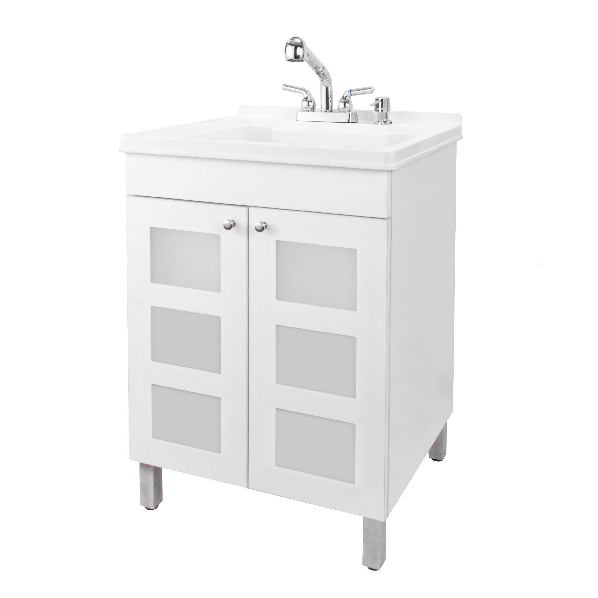 Tehila White Vanity Cabinet and White Utility Sink with Chrome Finish Pull-Out Faucet