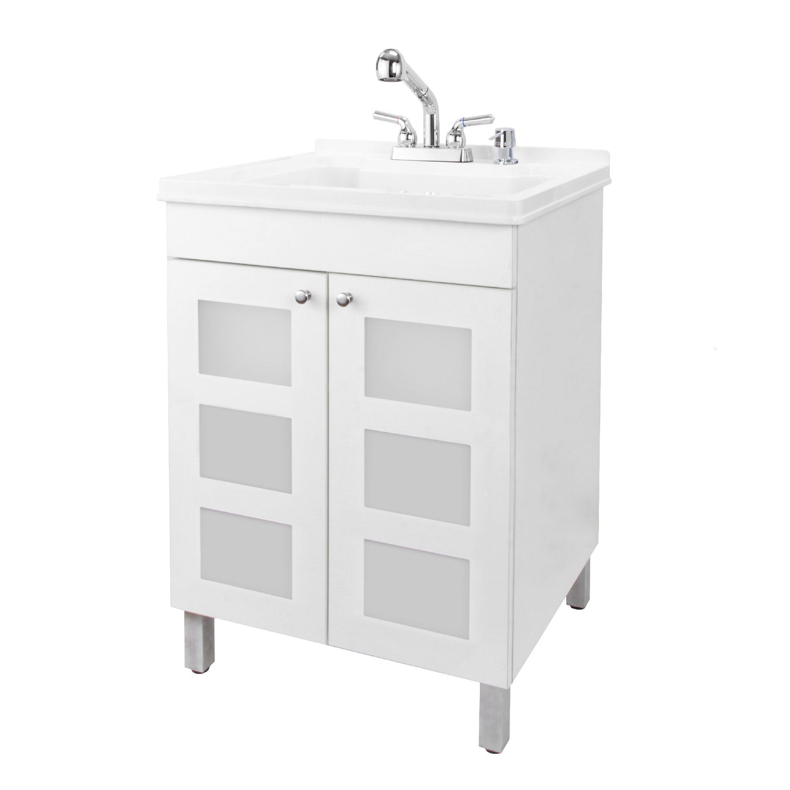 Tehila White Vanity Cabinet and White Utility Sink with Chrome Finish Pull-Out Faucet