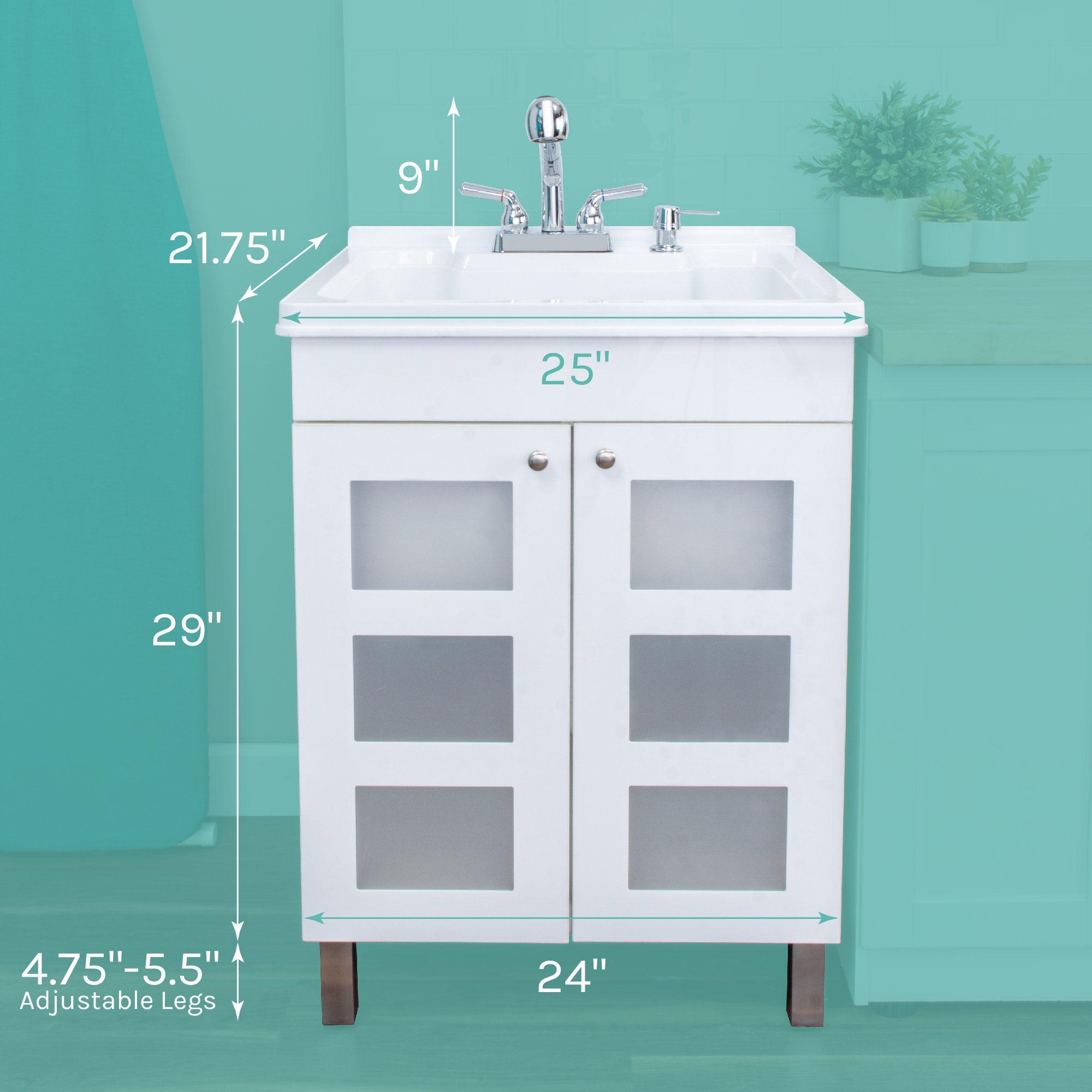 Tehila White Vanity Cabinet and White Utility Sink with Chrome Finish Pull-Out Faucet