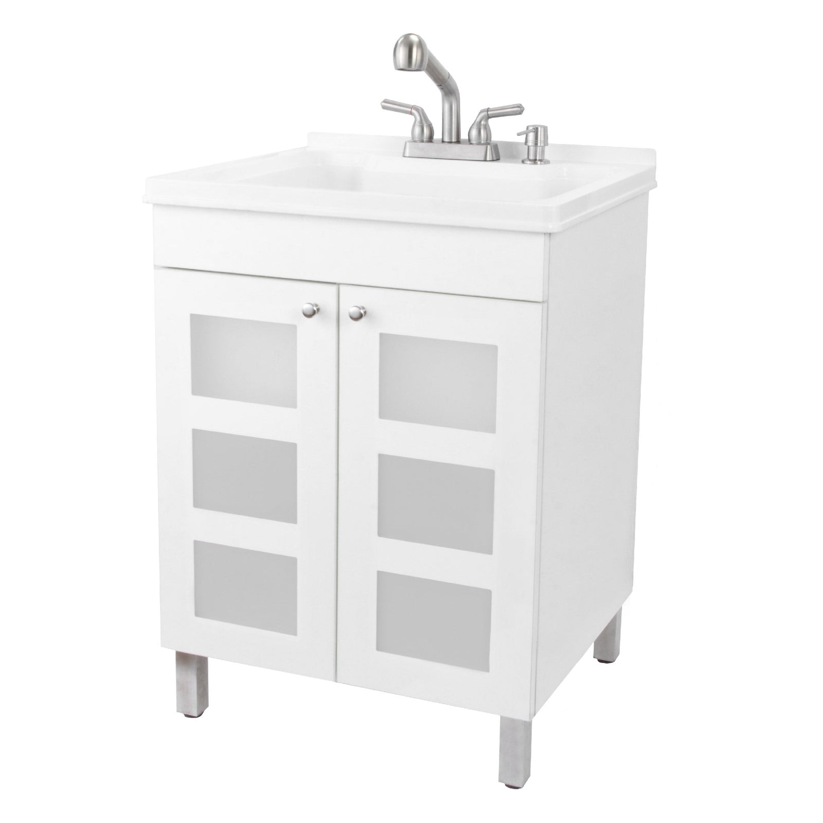 Tehila White Vanity Cabinet and White Utility Sink with Stainless Steel Finish Pull-Out Faucet