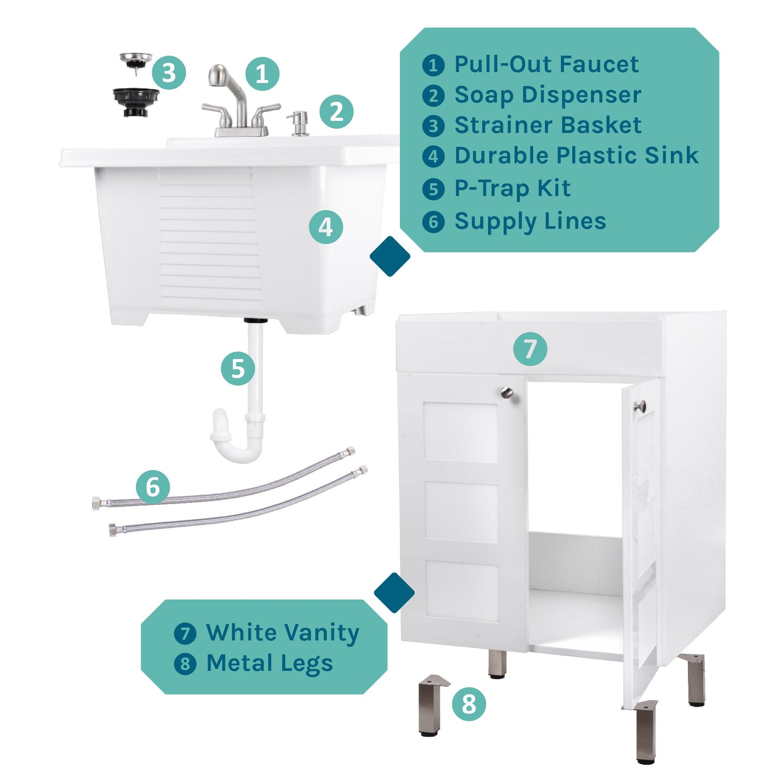 Tehila White Vanity Cabinet and White Utility Sink with Stainless Steel Finish Pull-Out Faucet