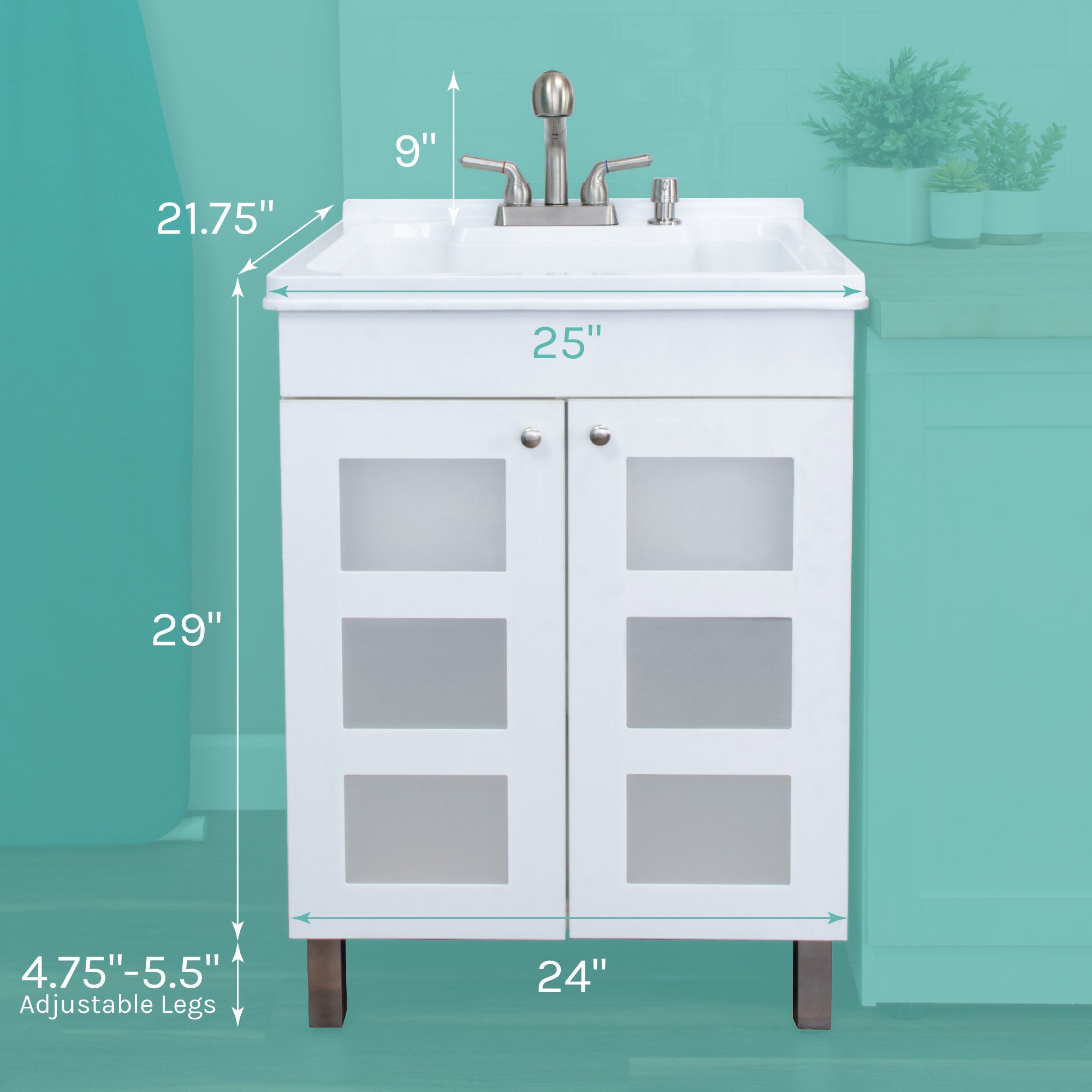 Tehila White Vanity Cabinet and White Utility Sink with Stainless Steel Finish Pull-Out Faucet