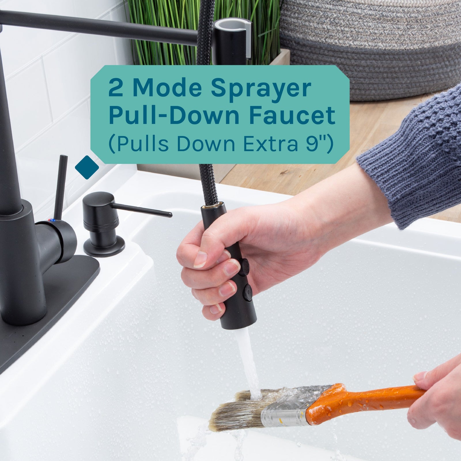 Tehila White Vanity Cabinet and White Utility Sink with Black Finish High-Arc Coil Pull-Down Faucet