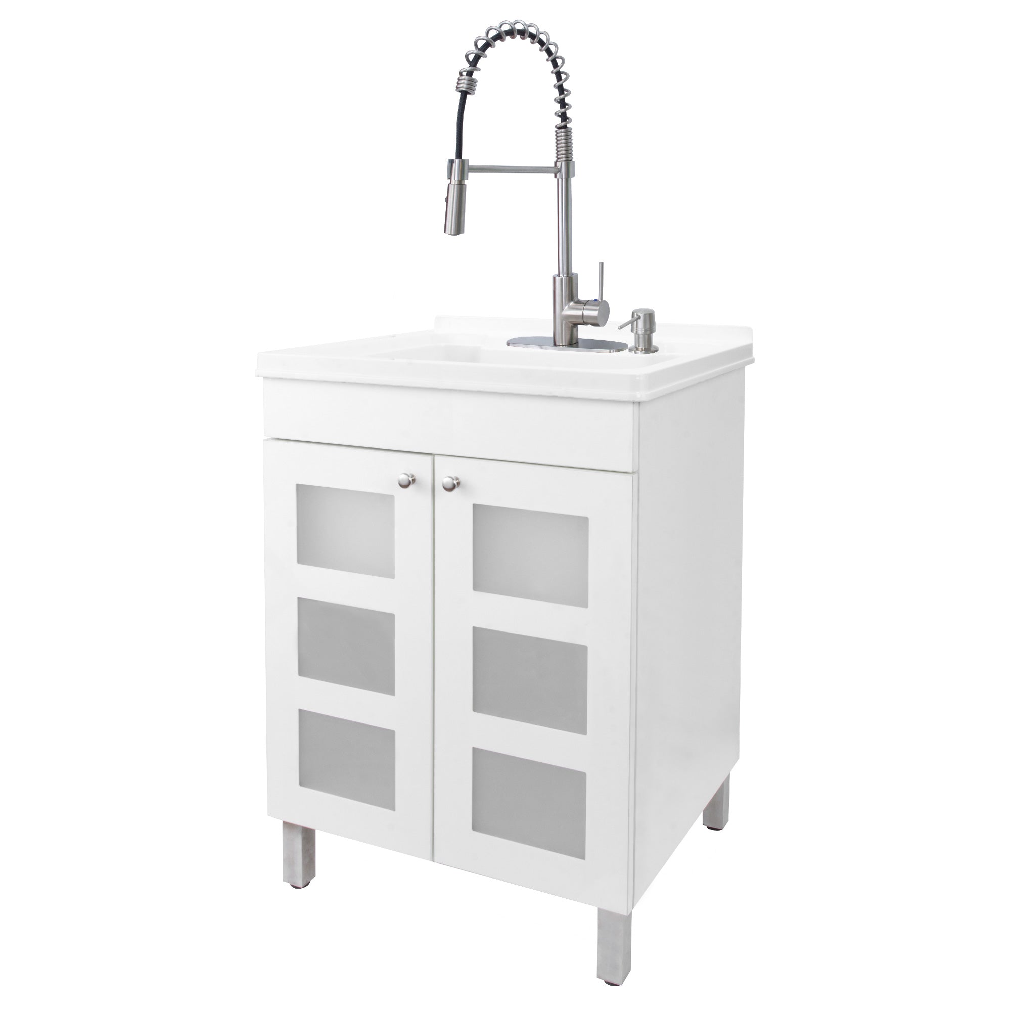 Tehila White Vanity Cabinet and White Utility Sink with Stainless Steel Finish High-Arc Coil Pull-Down Faucet