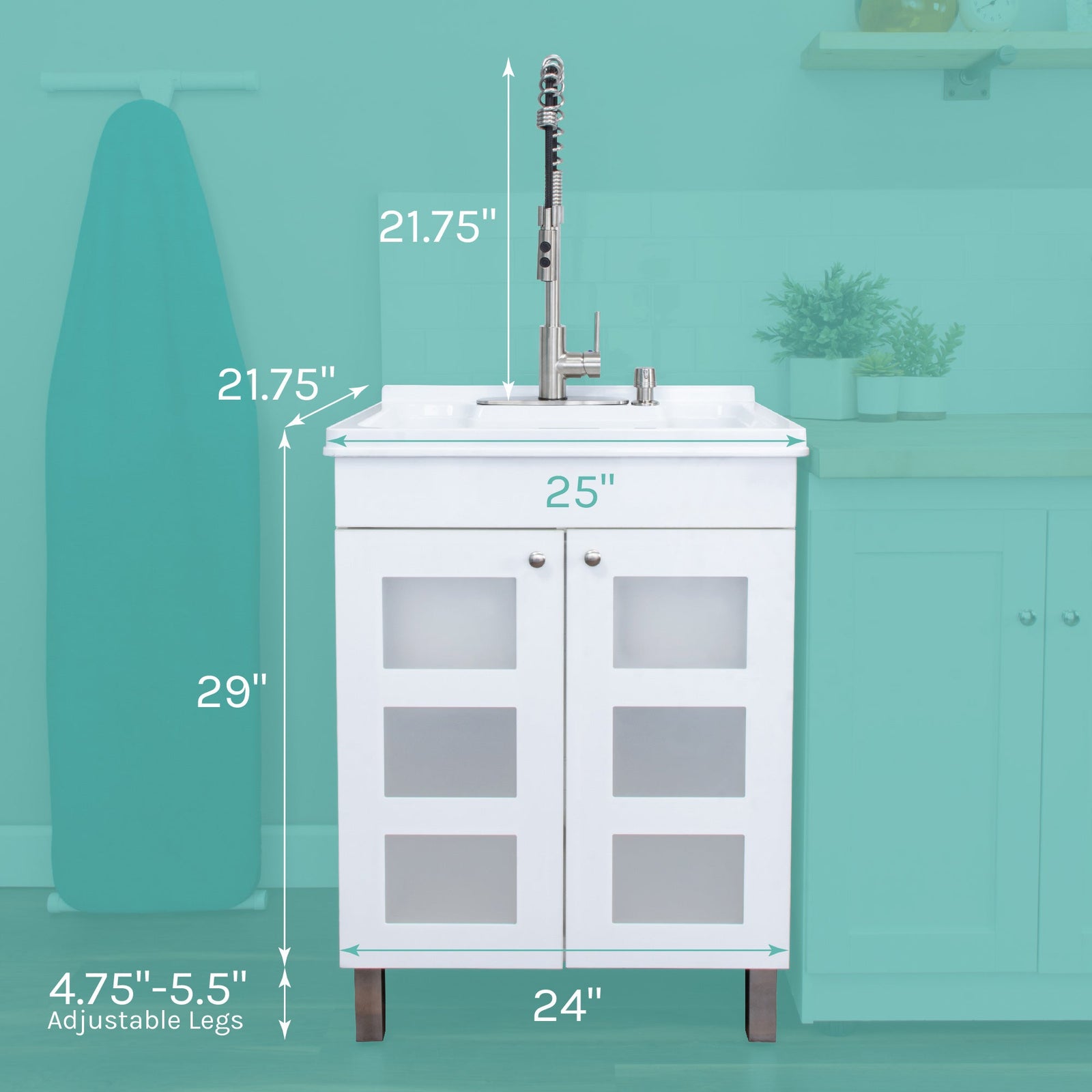 Tehila White Vanity Cabinet and White Utility Sink with Stainless Steel Finish High-Arc Coil Pull-Down Faucet