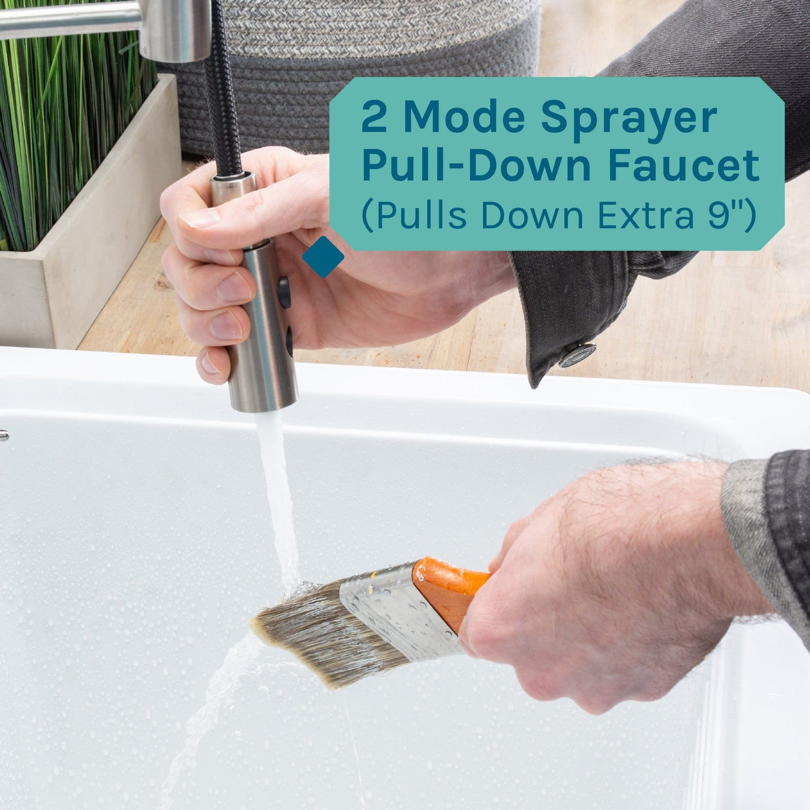 Tehila White Vanity Cabinet and White Utility Sink with Stainless Steel Finish High-Arc Coil Pull-Down Faucet