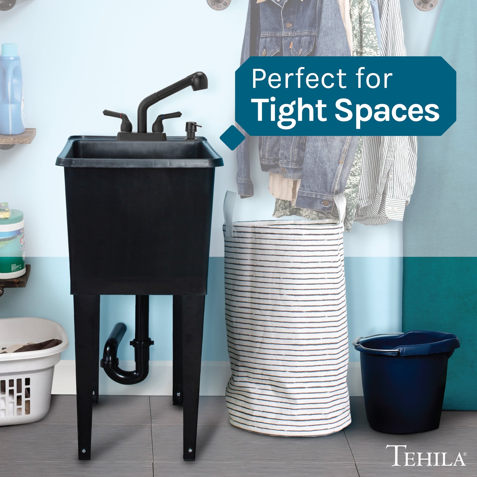 Tehila Space Saver Freestanding Black Utility Sink with Black Finish Pull-Out Faucet