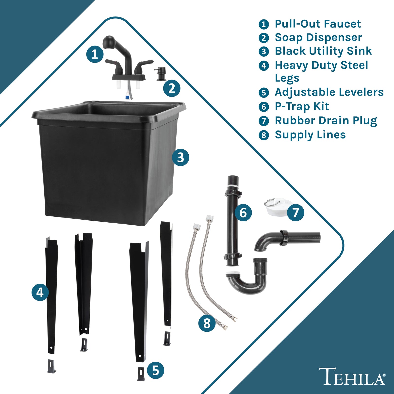 Tehila Space Saver Freestanding Black Utility Sink with Black Finish Pull-Out Faucet