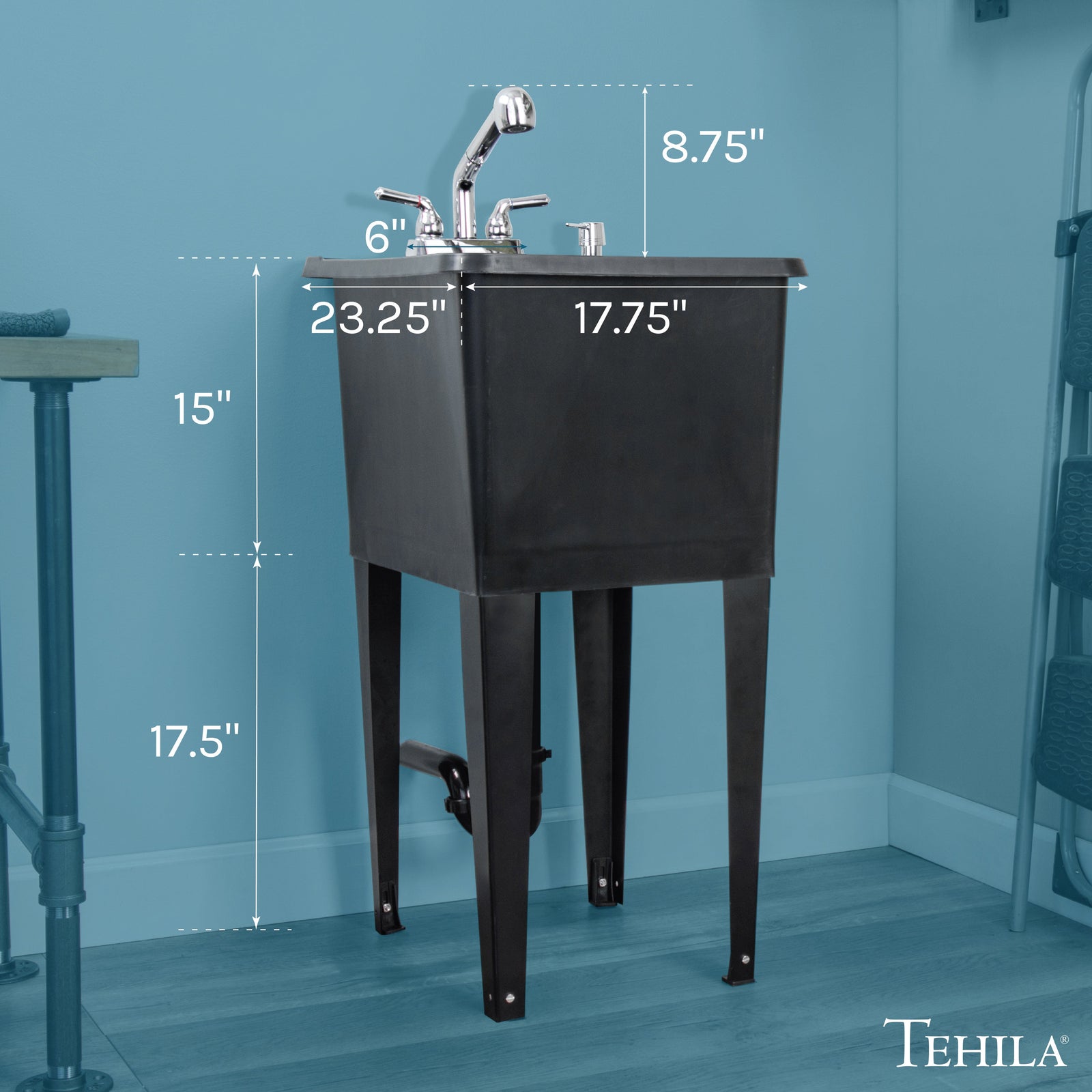 Tehila Space Saver Freestanding Black Utility Sink with Chrome Finish Pull-Out Faucet