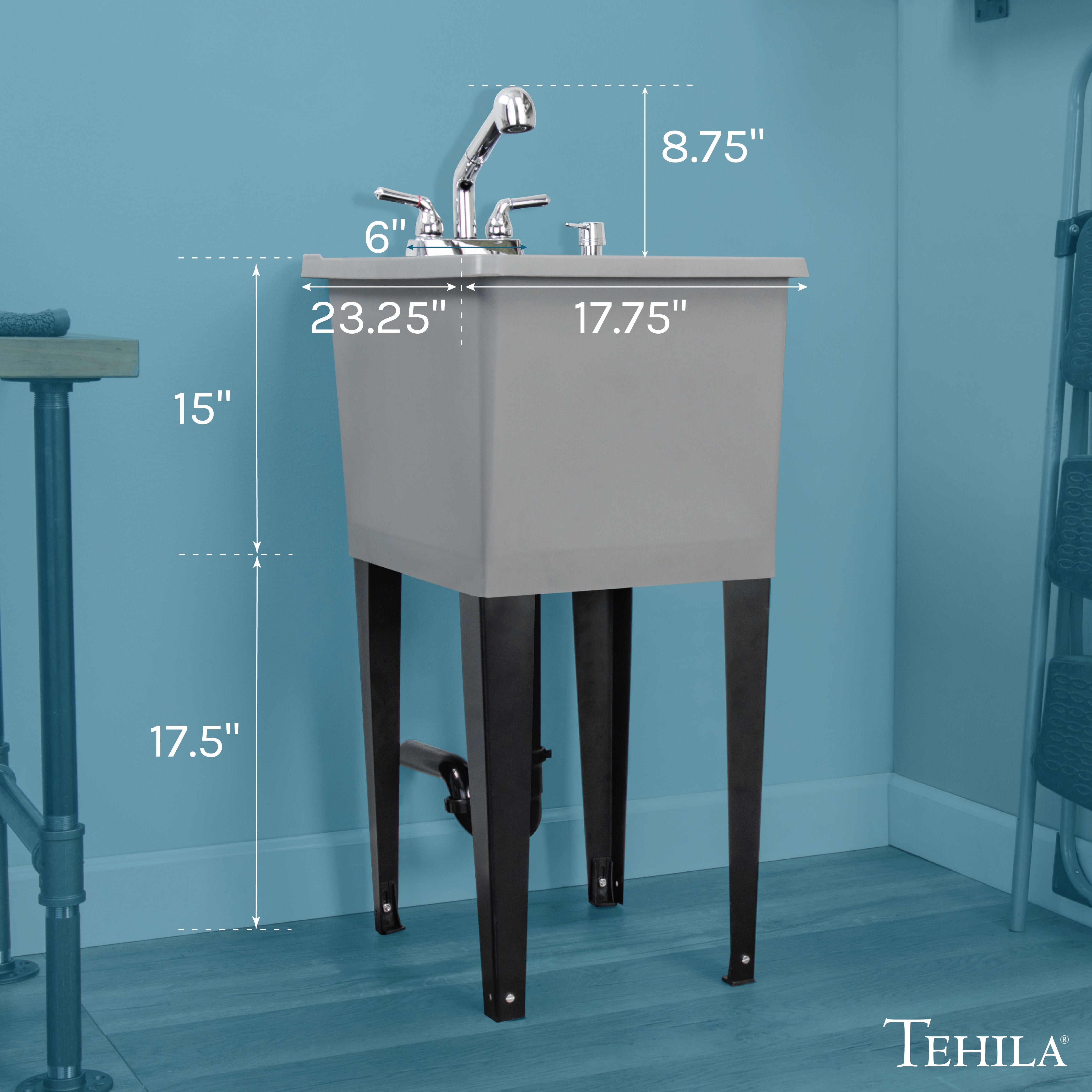 Tehila Space Saver Freestanding Grey Utility Sink with Chrome Finish Pull-Out Faucet