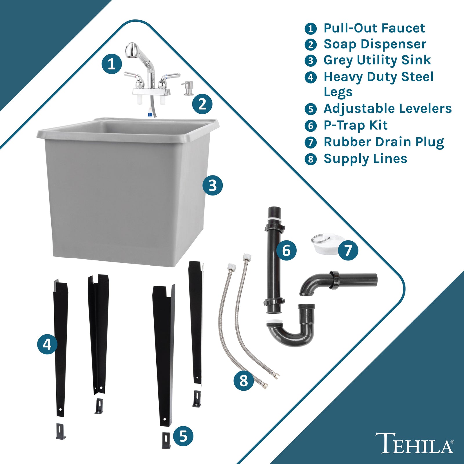 Tehila Space Saver Freestanding Grey Utility Sink with Chrome Finish Pull-Out Faucet